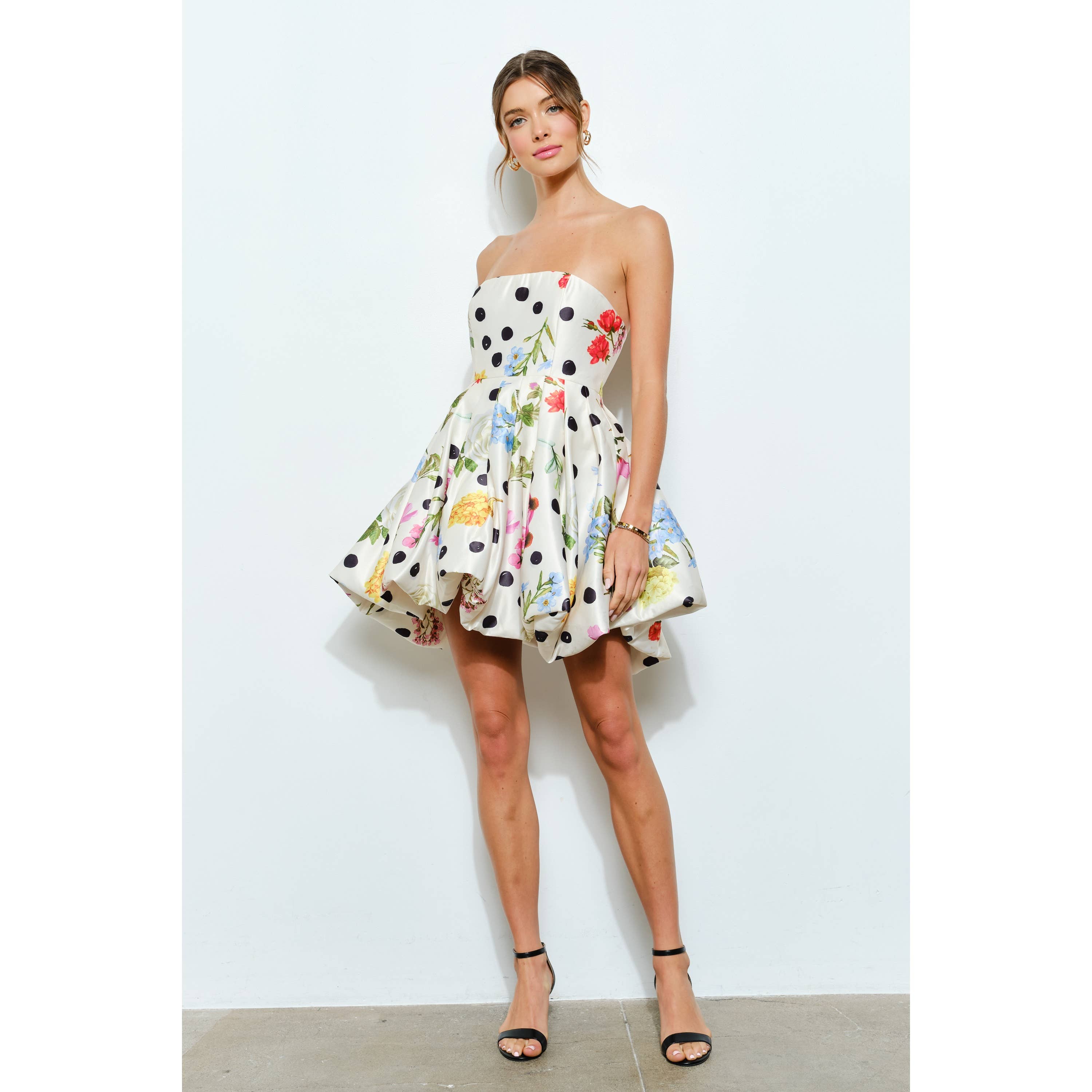 Bubble Hem Floral Dot Print Strapless Mini Dress