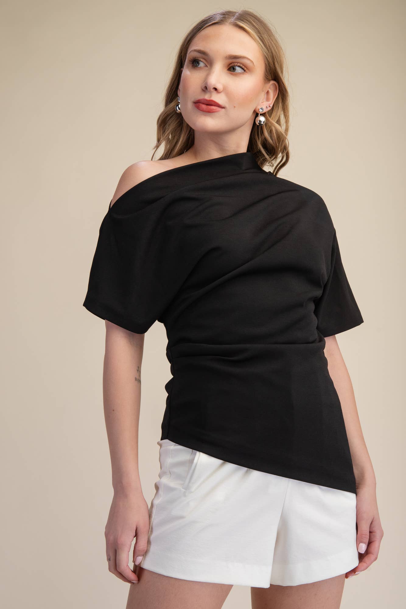 Asymmetric Draped Neck Gathered Blouse - Black or Taupe