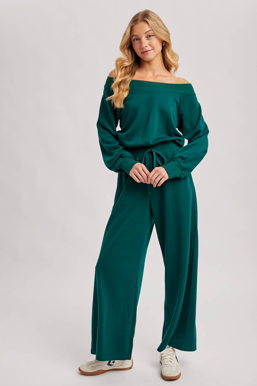 Wide Neck Knit Jumpsuit - Hunter Green