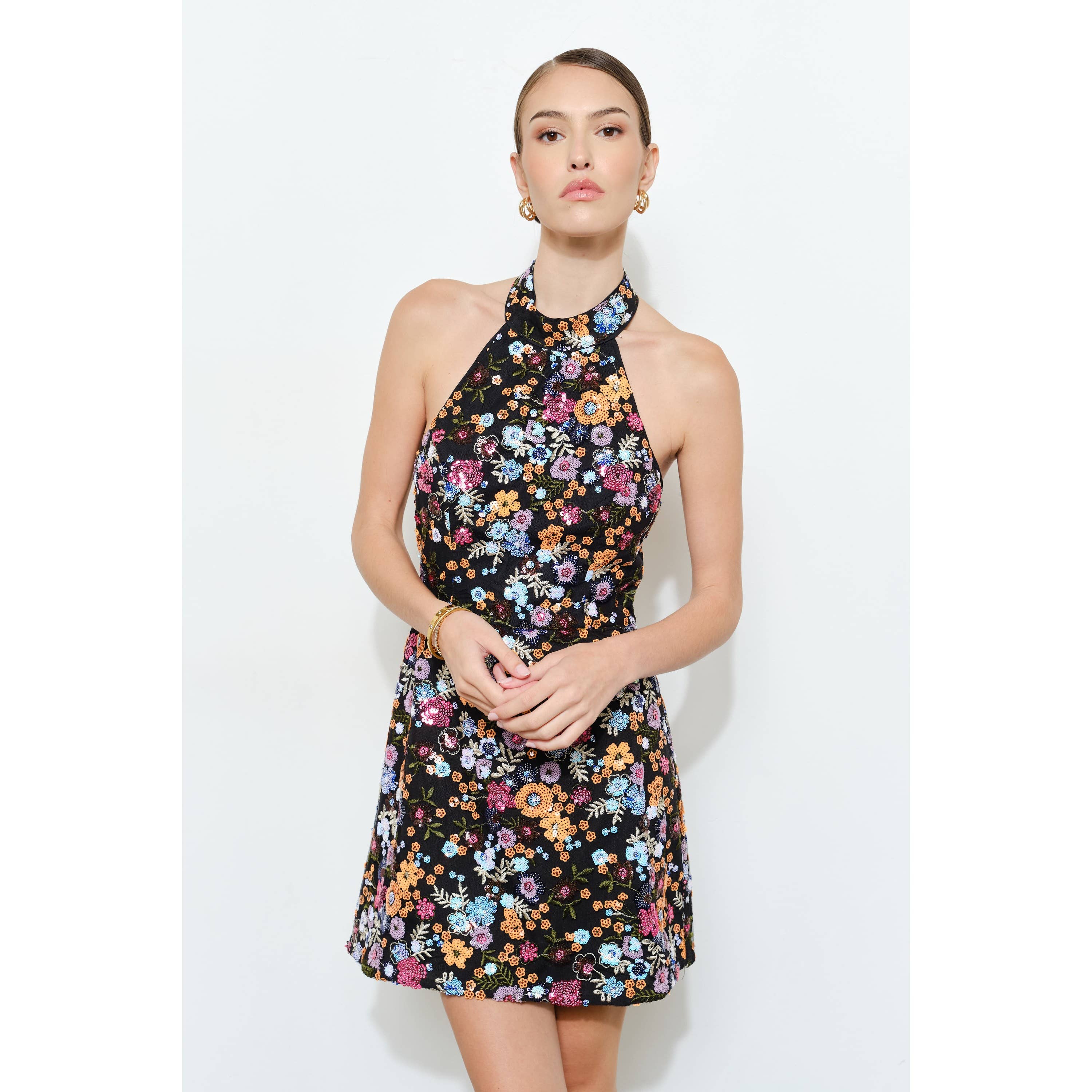Floral Sequins Embellished Halter Neck Mini Dress
