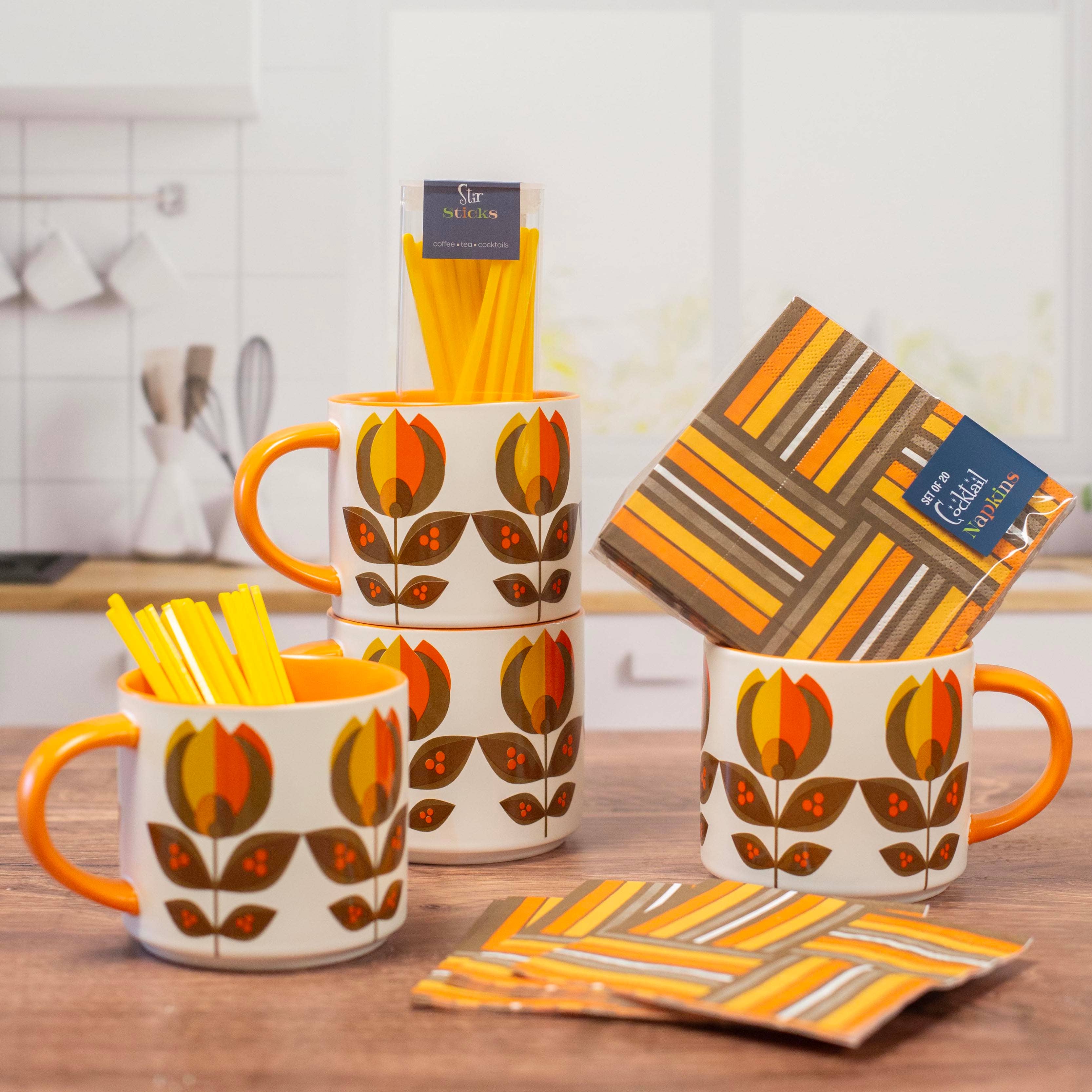 Orange Tulip Flower Mid Century Stackable Matte Coffee Mug