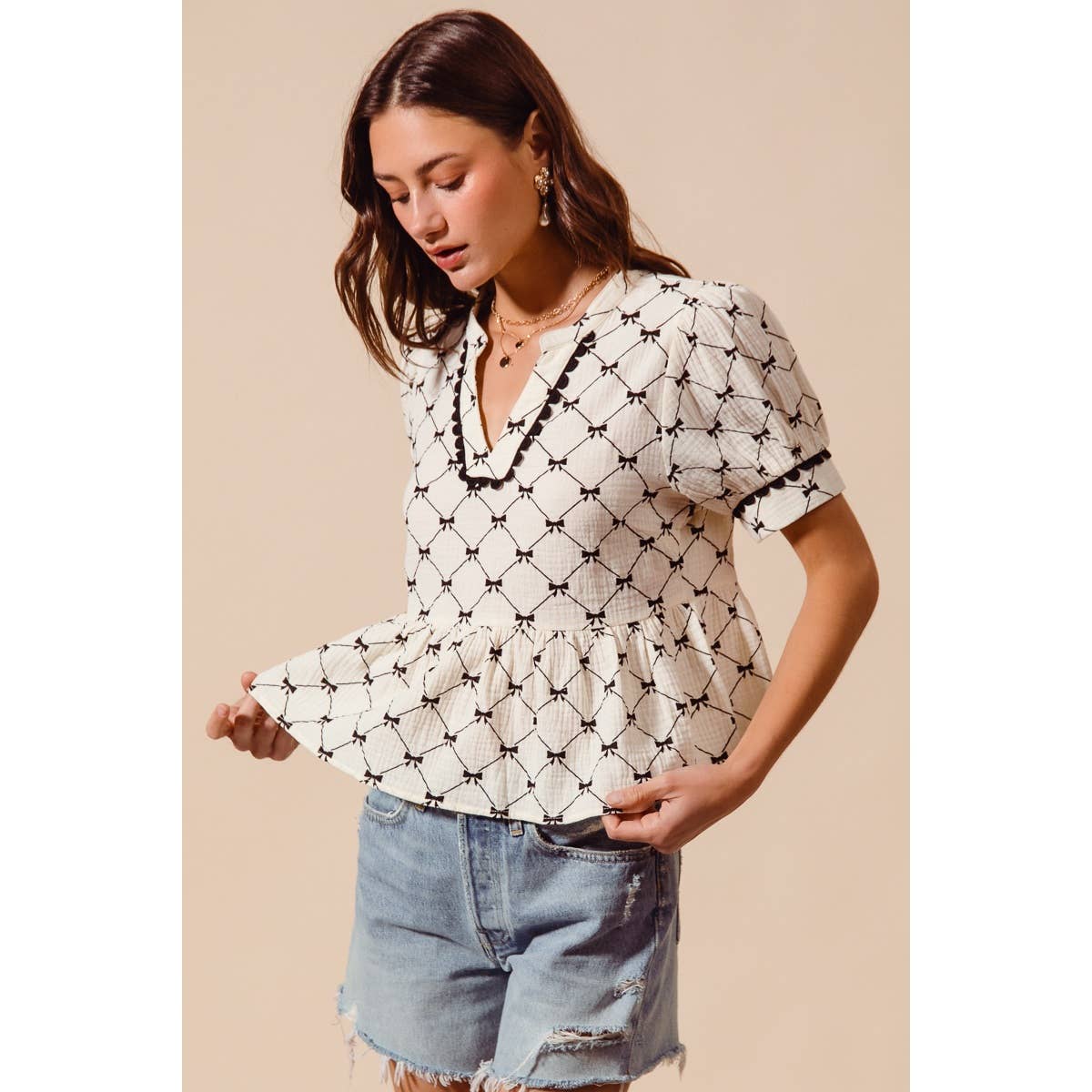 Bow Ribbon Printed Gauze Peplum Top
