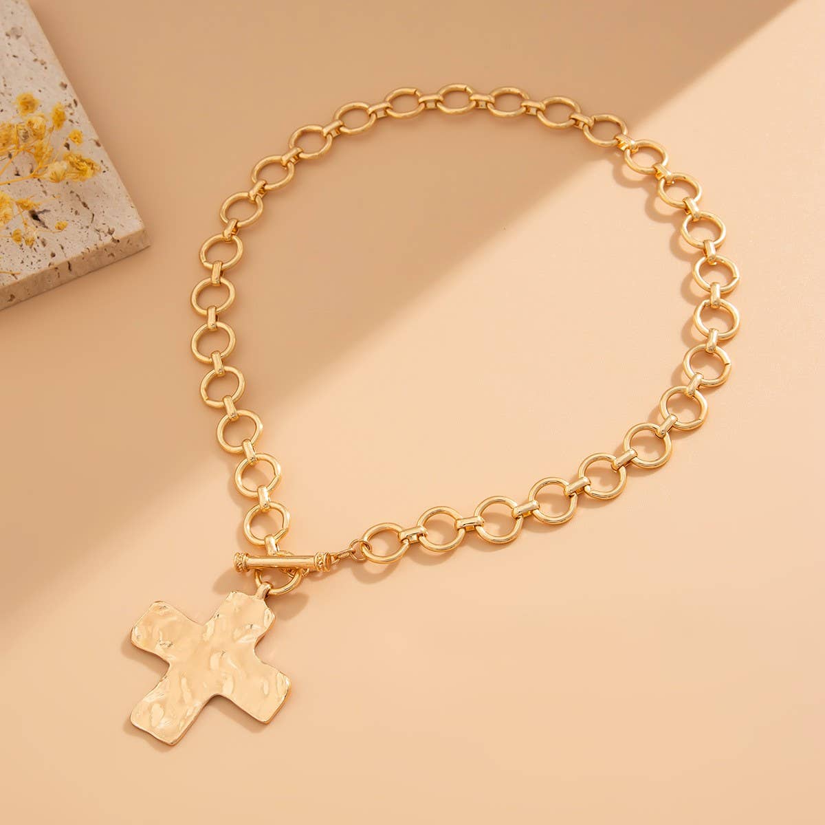 Notable Hammered Cross Front Toggle Necklace - Gold or Silver