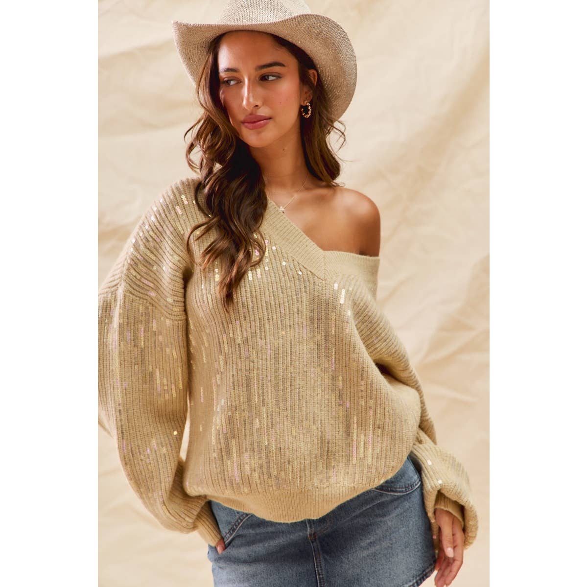 Holiday Sequins Christmas V Neck Sweater