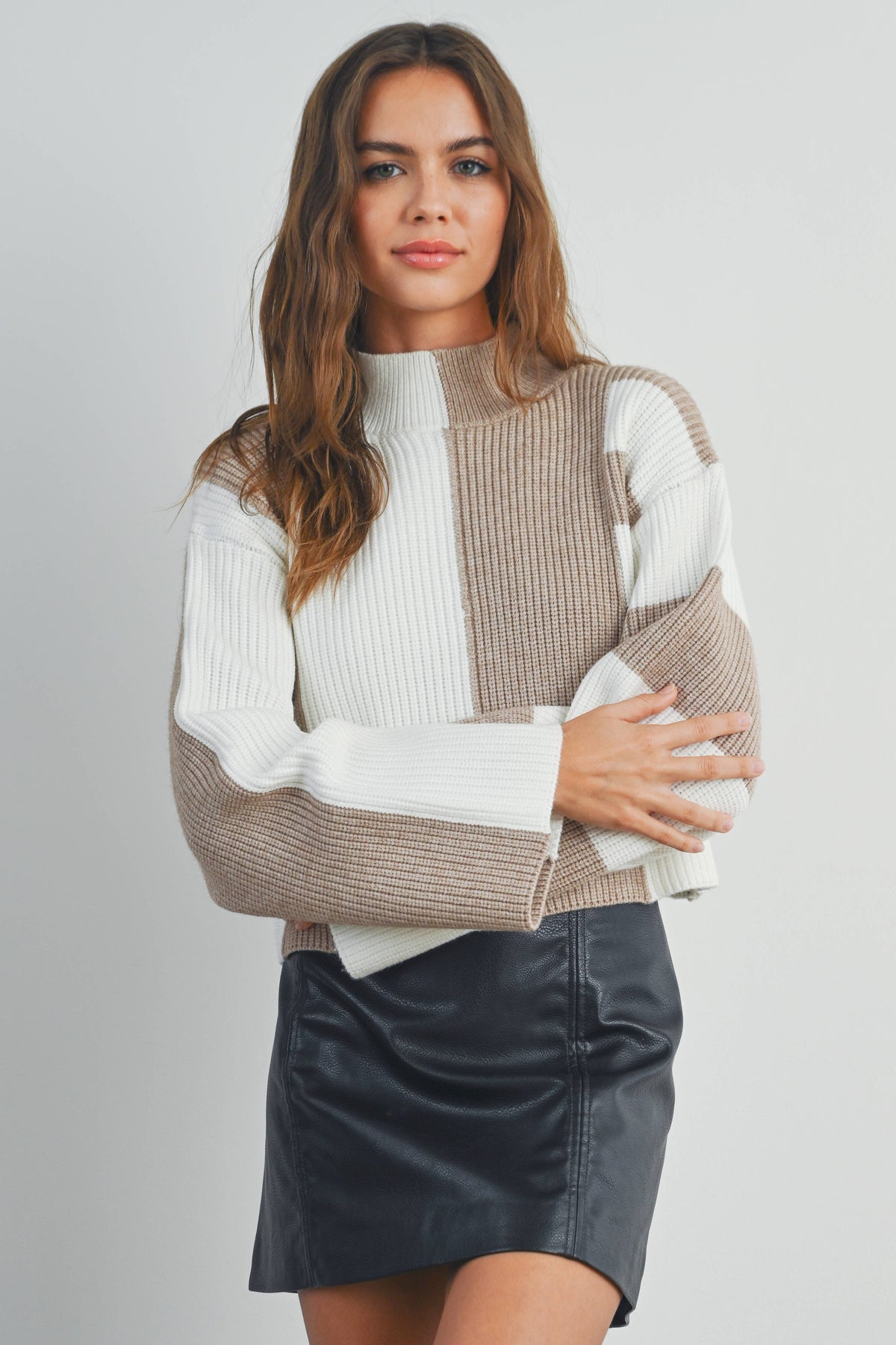Color Block Mock Turtleneck Sweater
