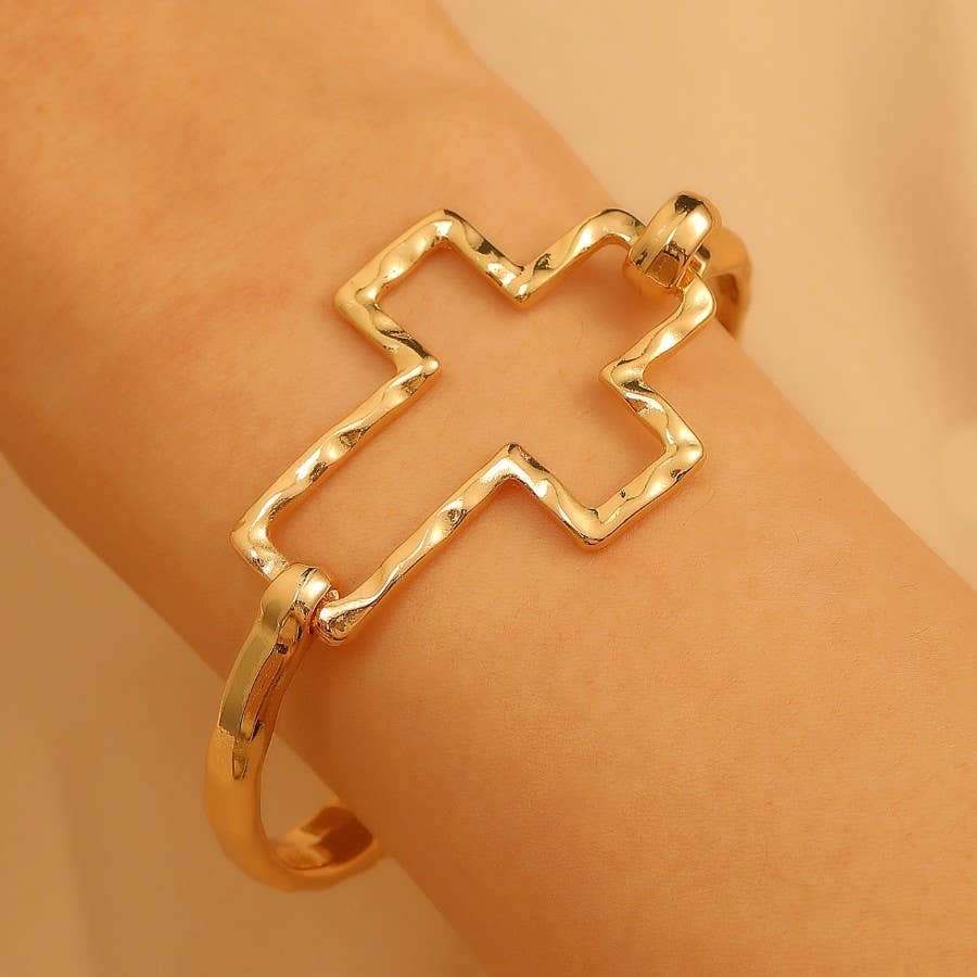 Hammered Open Cross Bangle - Silver