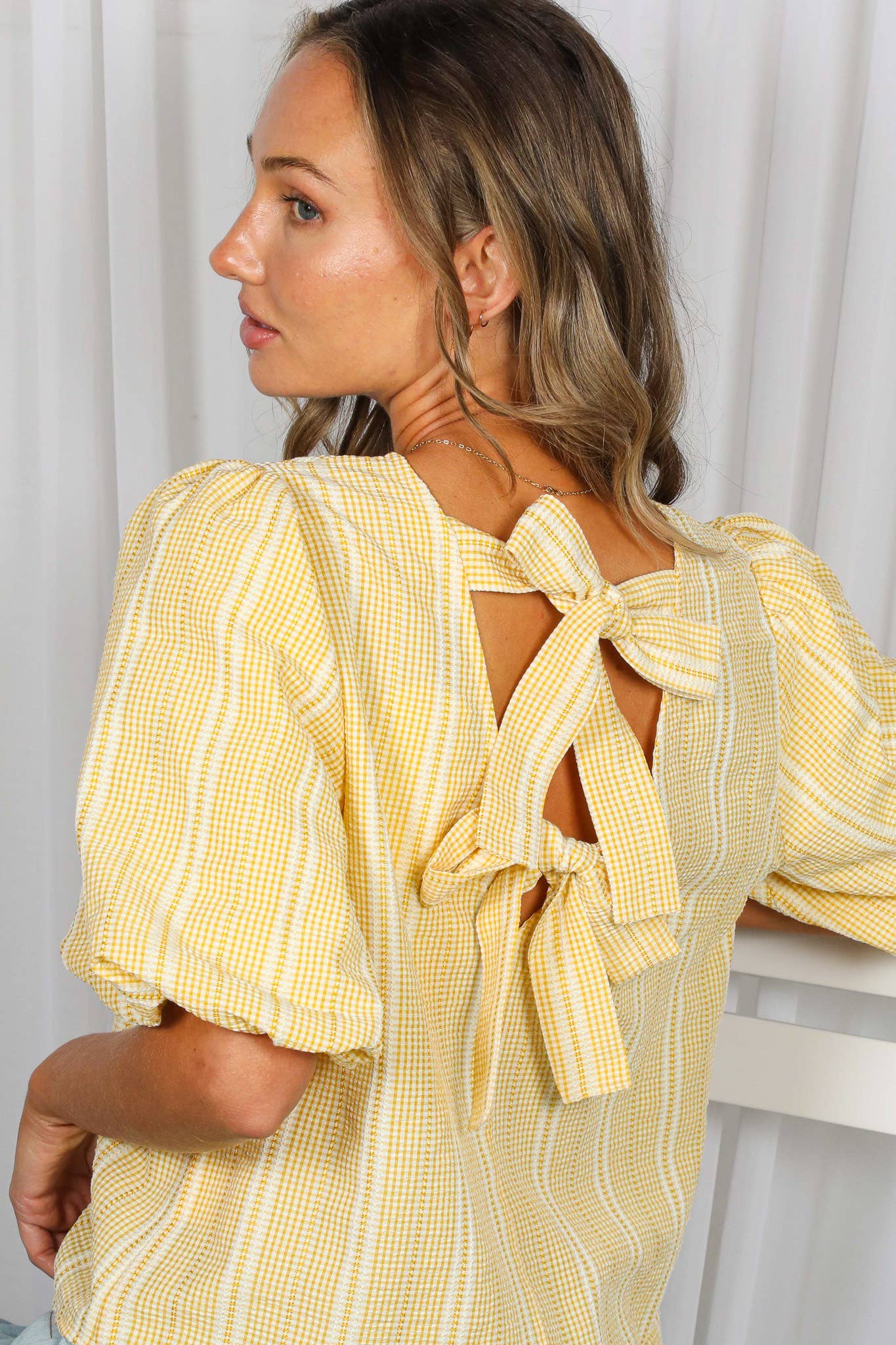 V-Back 2 Bow Accent Feminine Plaid Blouse