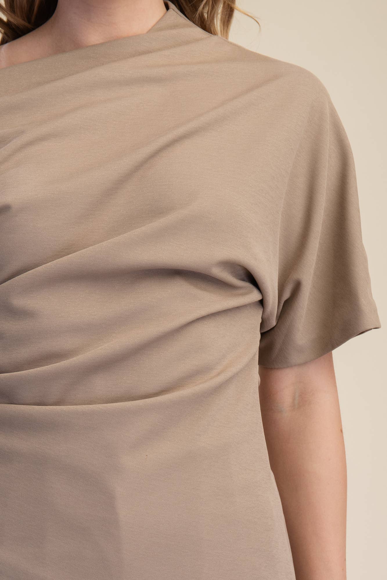 Asymmetric Draped Neck Gathered Blouse - Black or Taupe