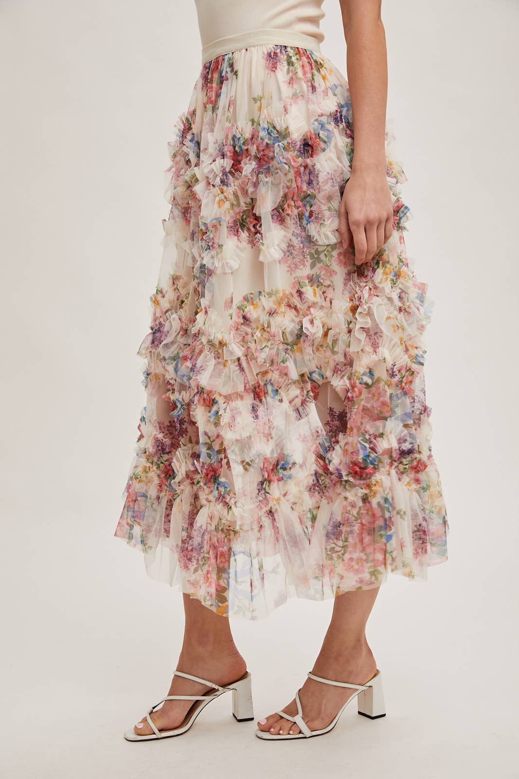 Floral Ruffled Mesh Midi Skirt with Lining