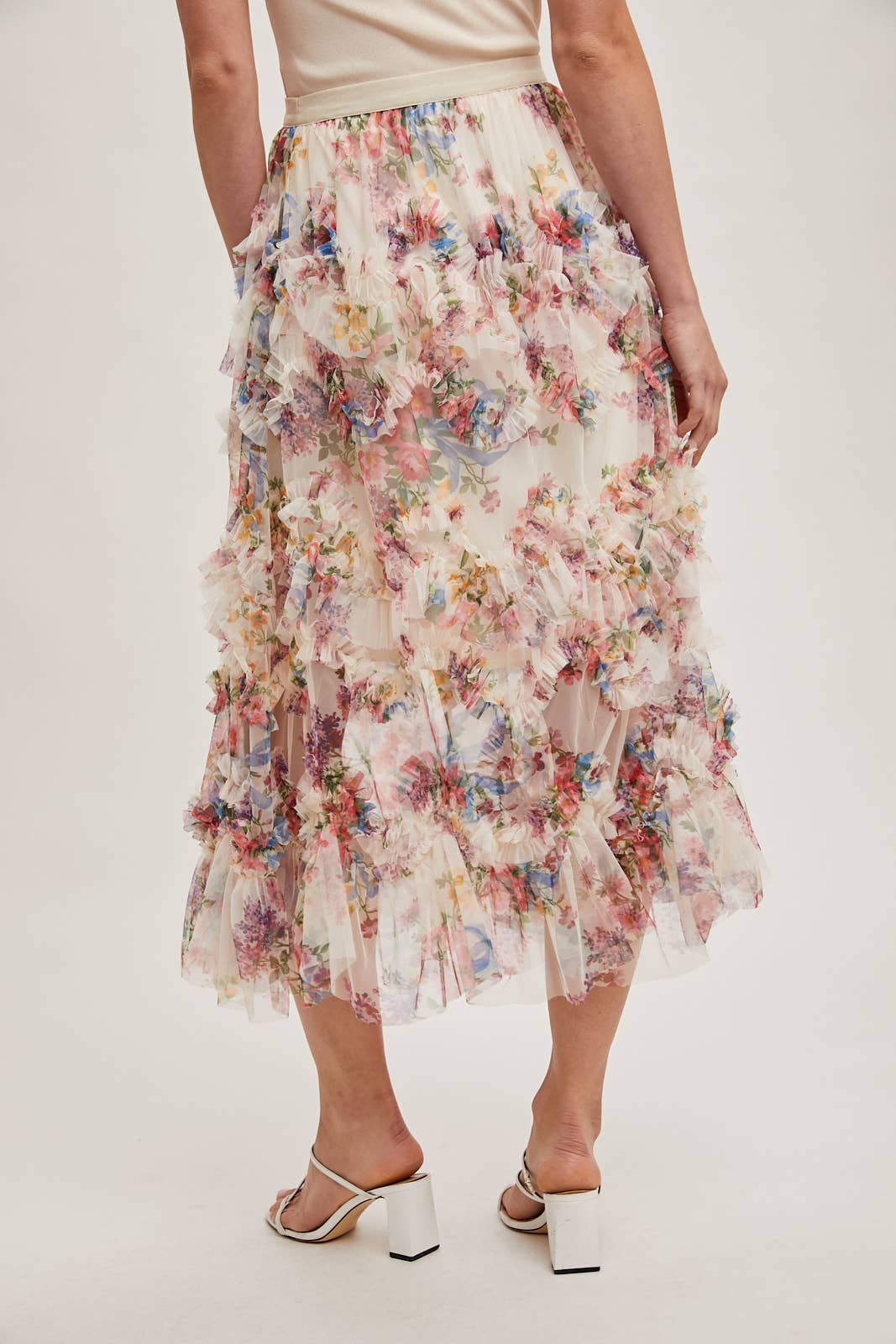 Floral Ruffled Mesh Midi Skirt with Lining