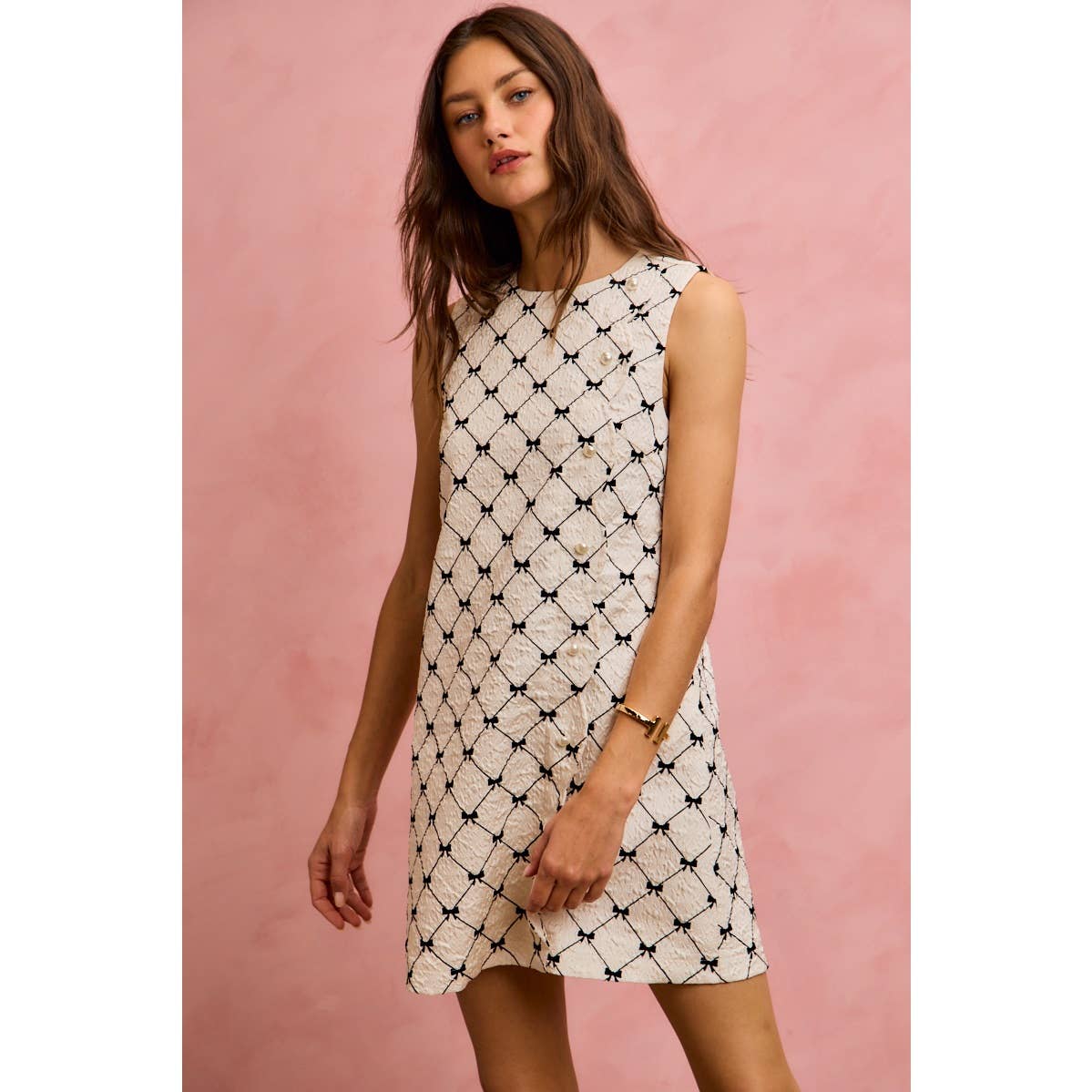 Ribbon Jacquard Pattern Dress with Scalloped Side