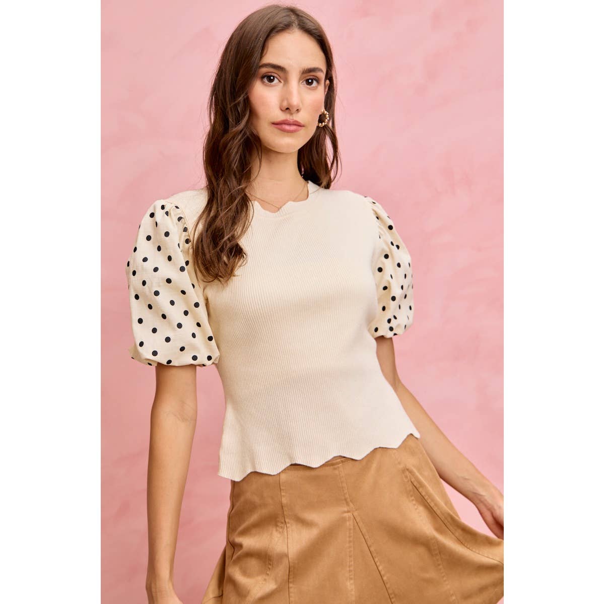Polka Dot Contrast Woven Balloon Sleeve Top