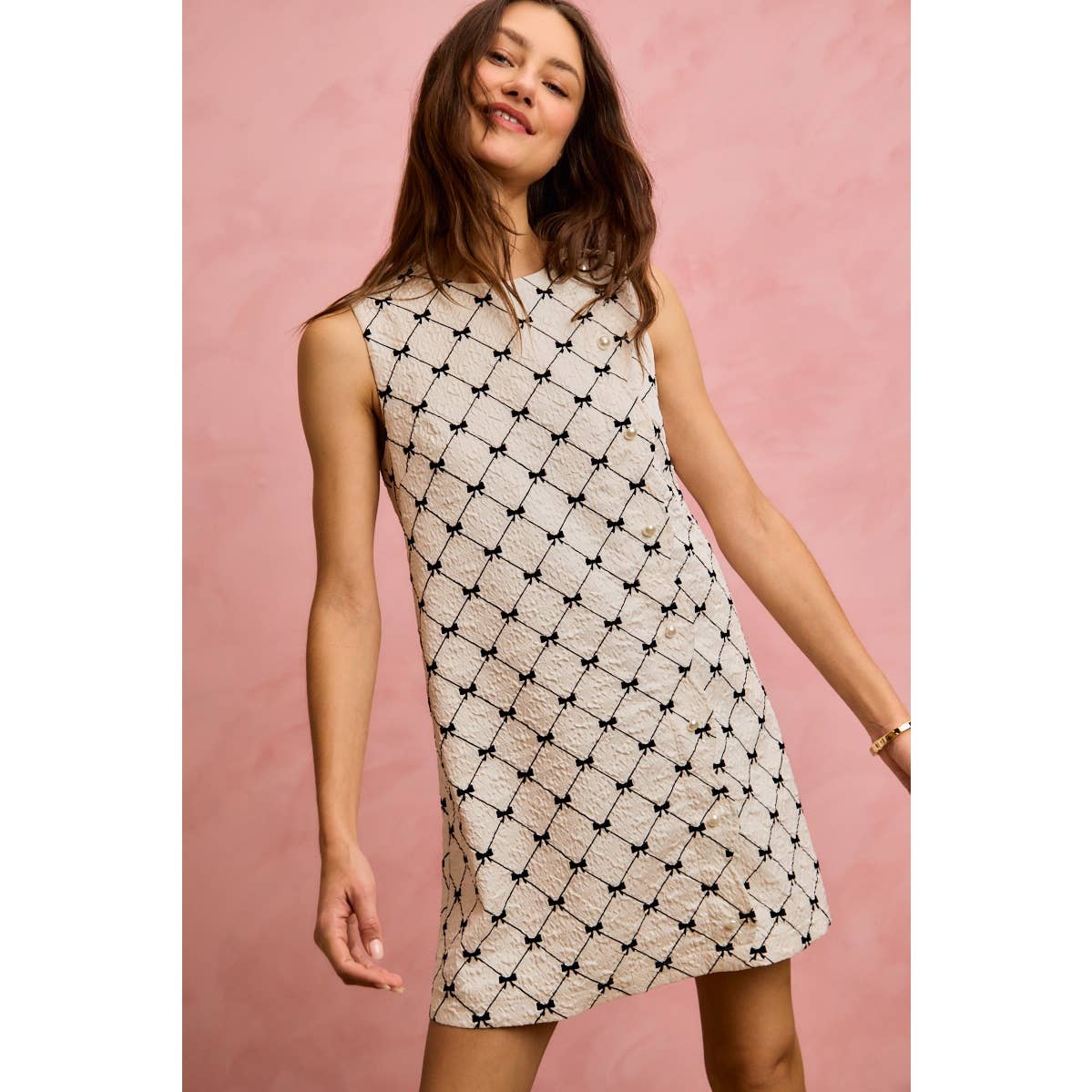 Ribbon Jacquard Pattern Dress with Scalloped Side
