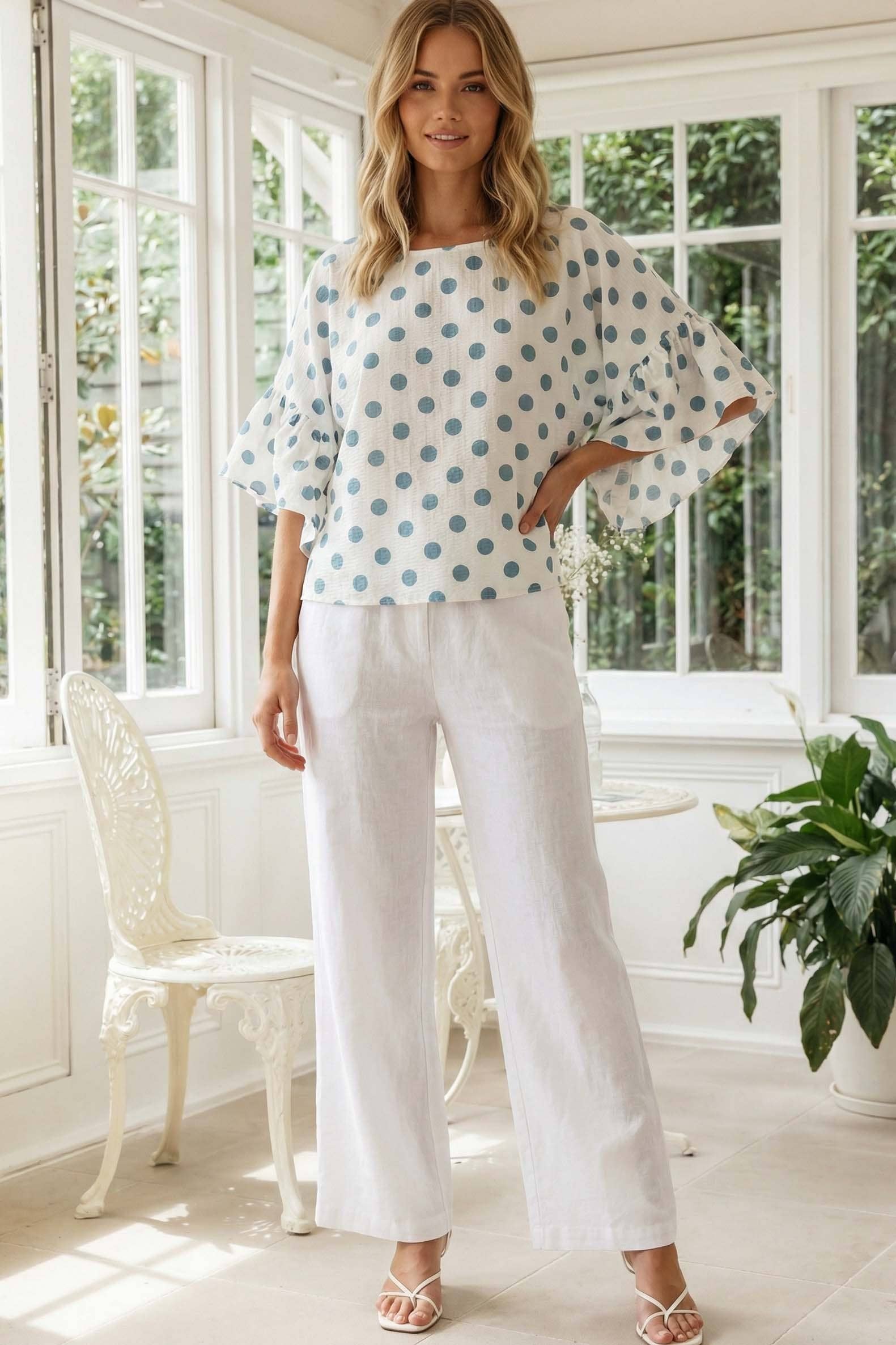 Polka Dot Wild Ruffle Sleeve Flowy Blouse Top - Blue or Blush