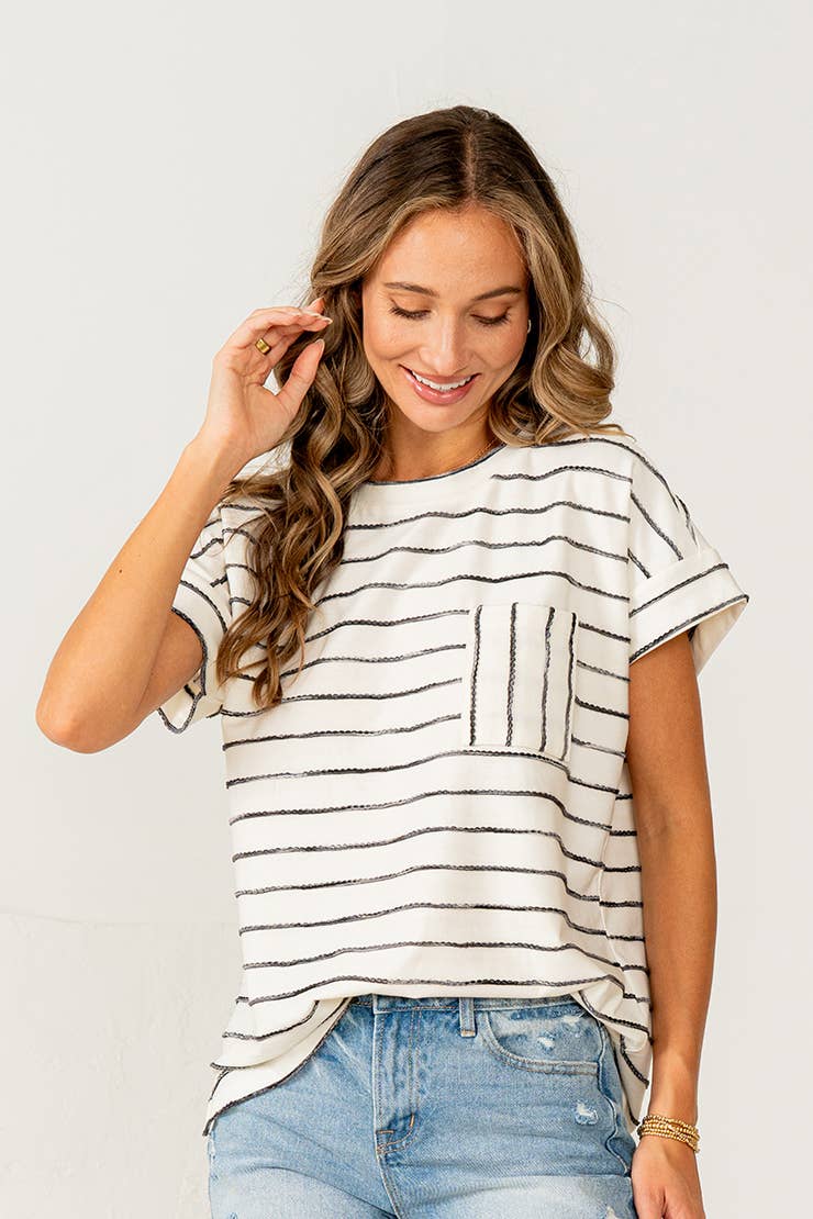Cuff Sleeves Striped Top with Chest Pocket