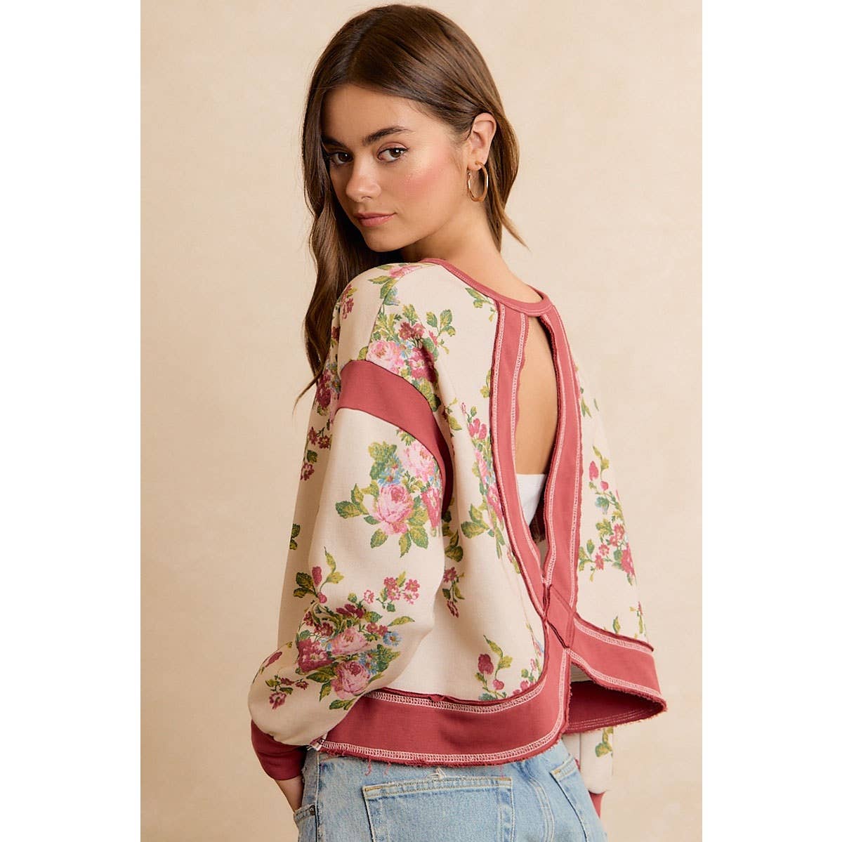 Floral Brushed Terry Open Back Long Sleeve Top