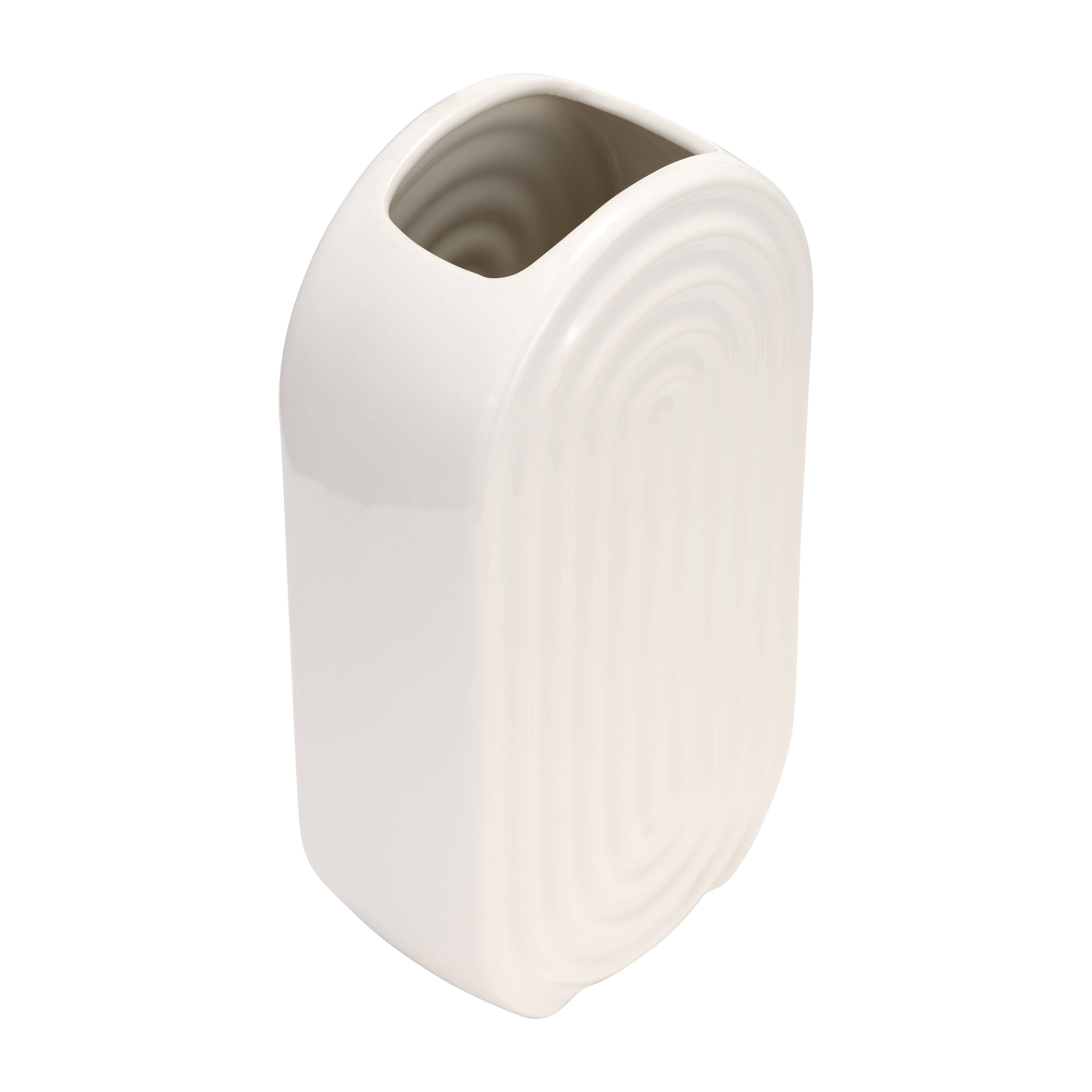Ceramic Oval Ridged Decorative Vase - White, 11 in.