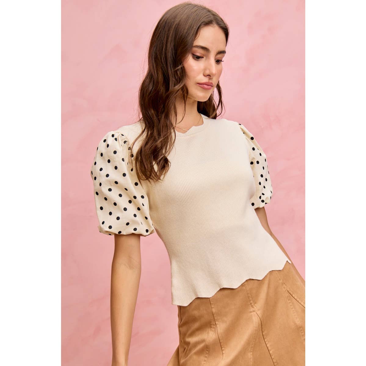 Polka Dot Contrast Woven Balloon Sleeve Top