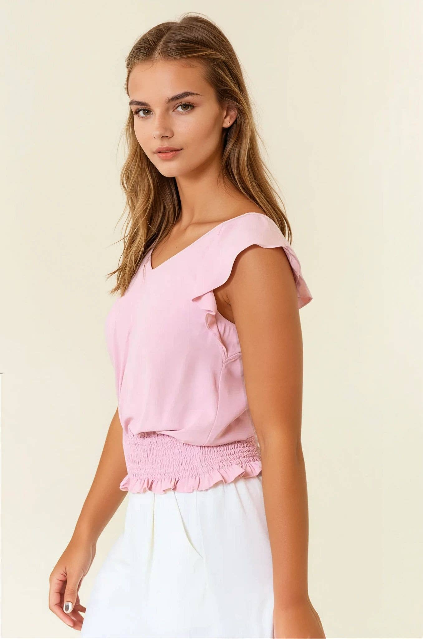 V-neck Ruffle Top With Smocking Band
