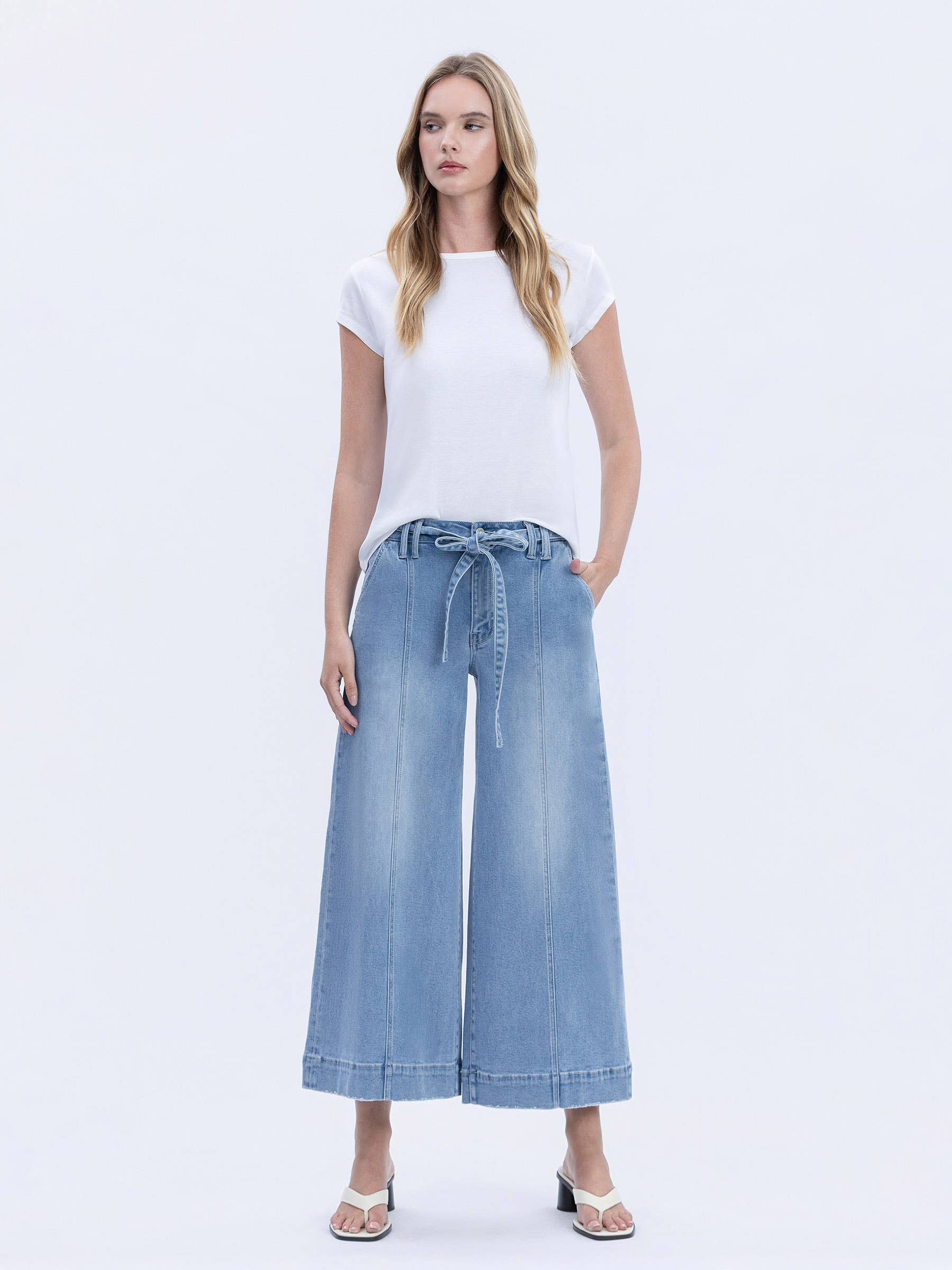 VERVET - High Rise Tie Waist Crop Palazzo Jeans