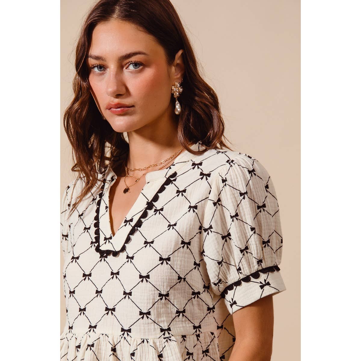 Bow Ribbon Printed Gauze Peplum Top