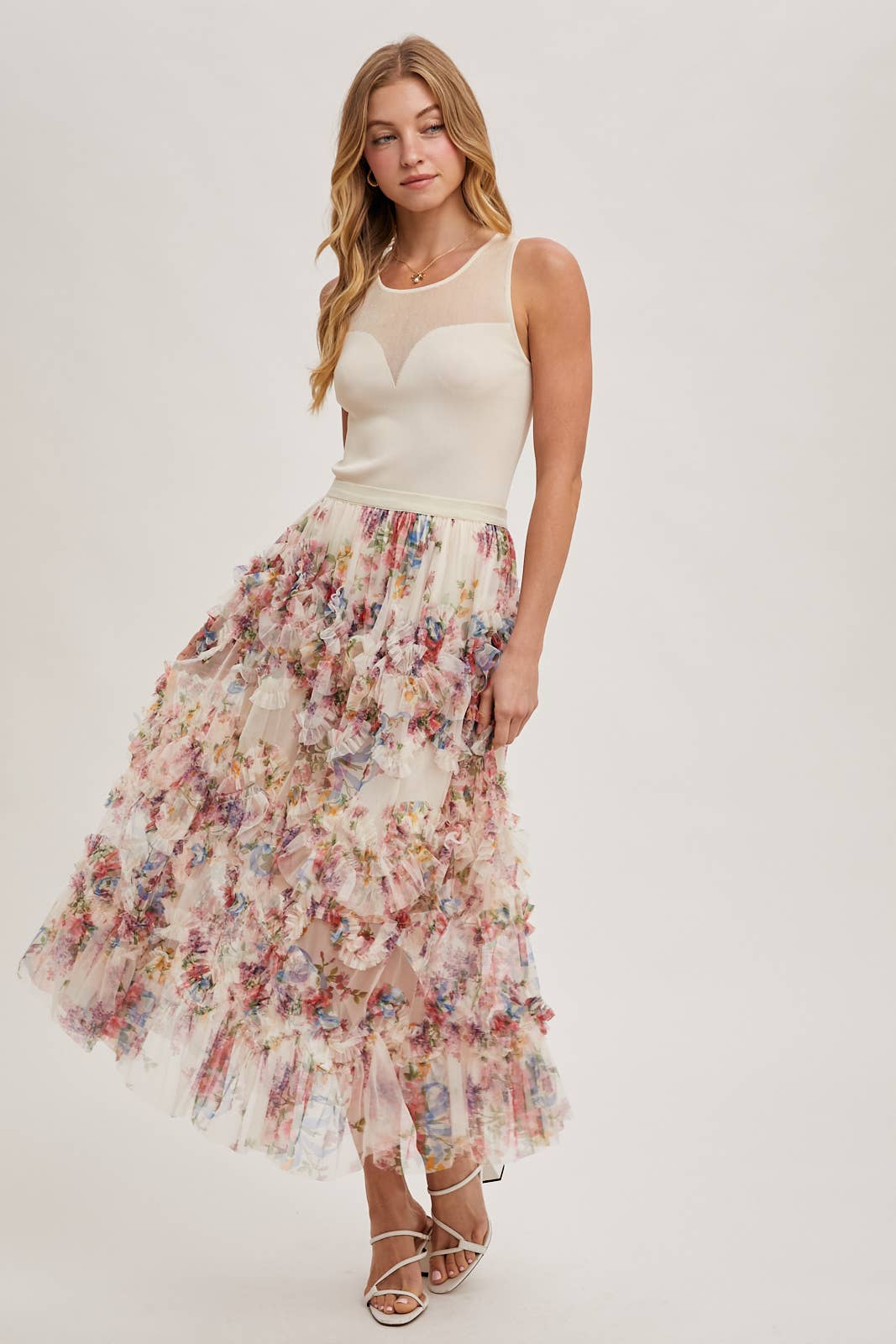 Floral Ruffled Mesh Midi Skirt with Lining