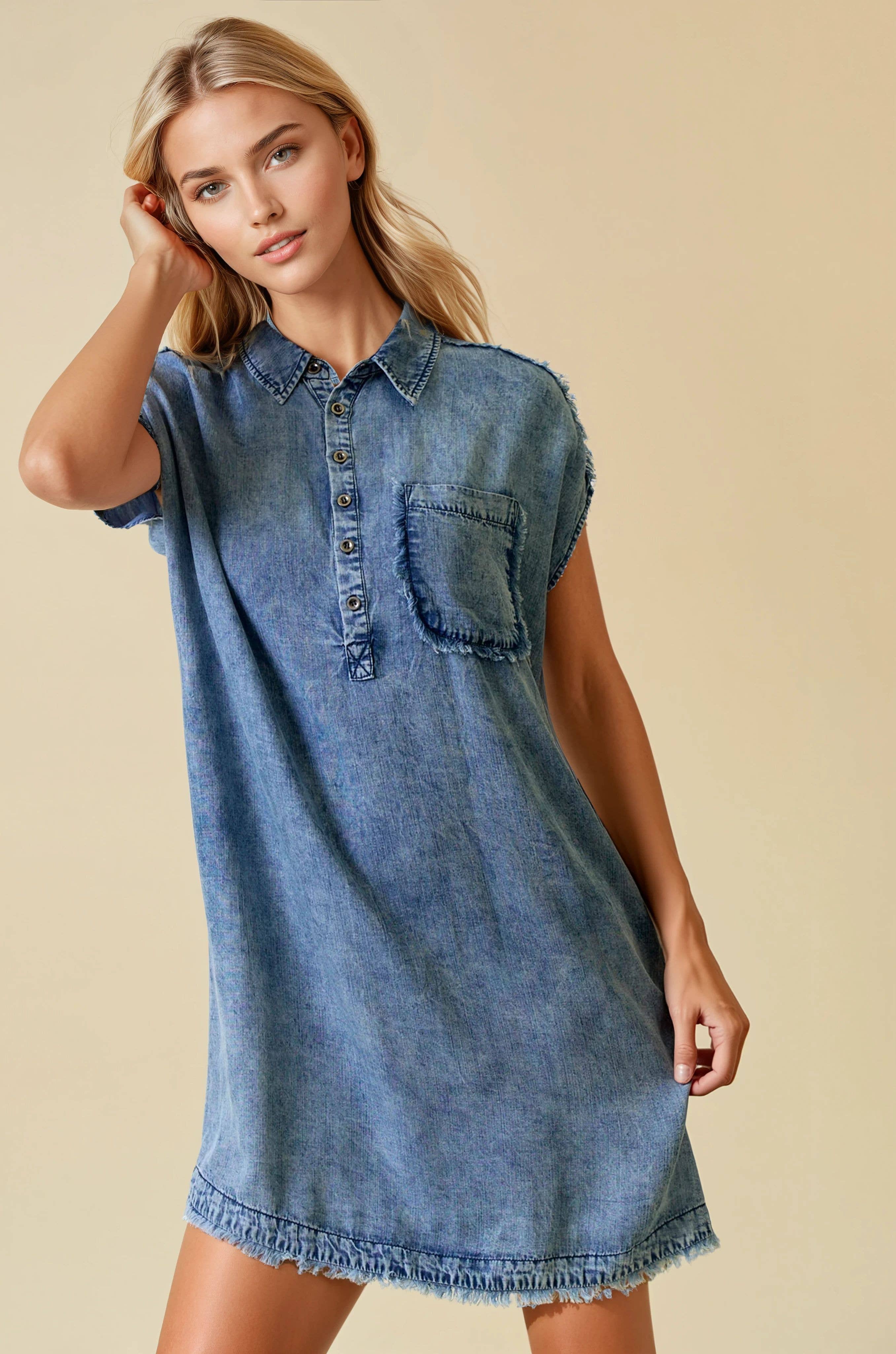 Tencel Denim Short Sleeve Shirt Mini Dress