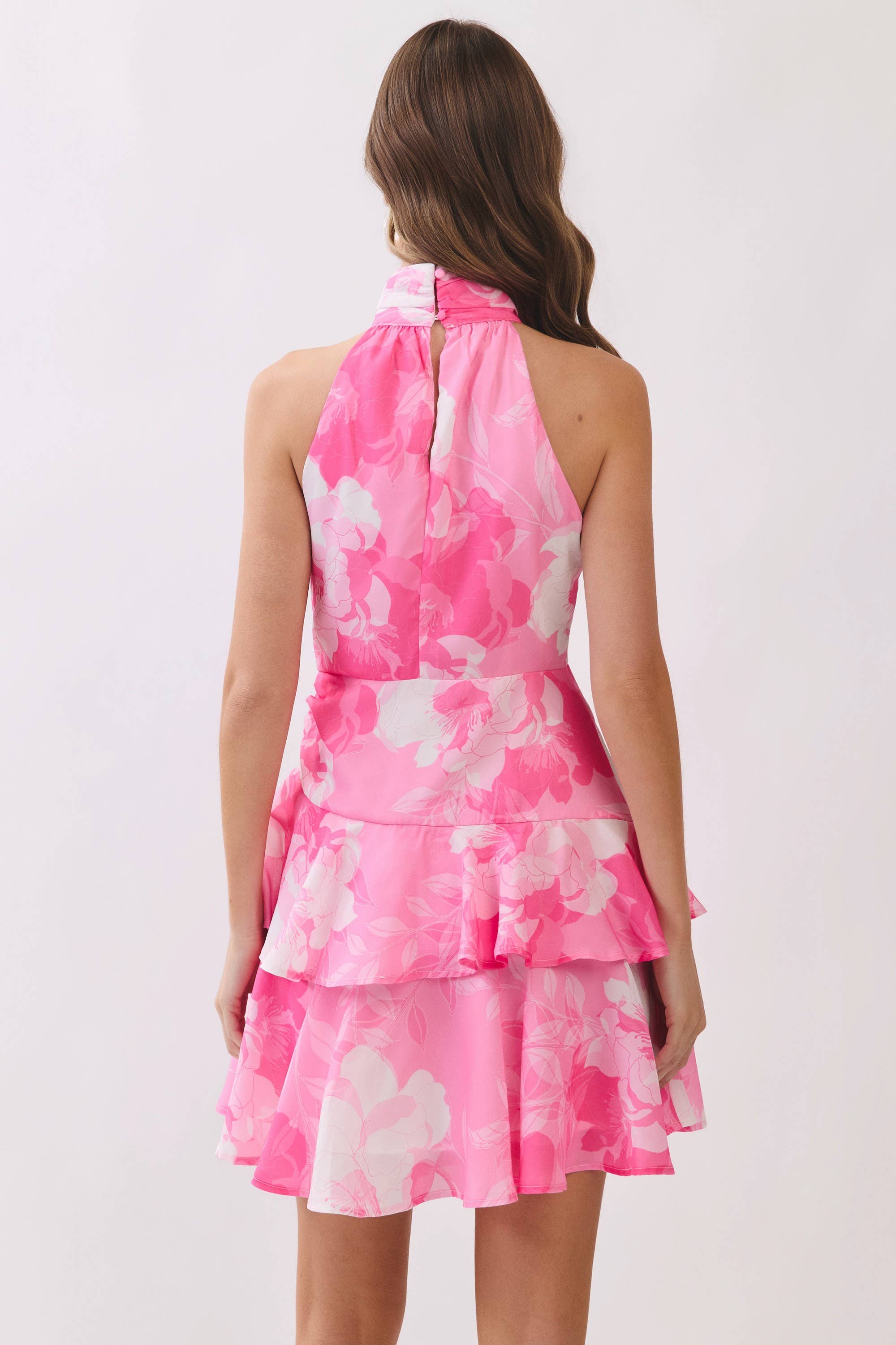 Floral Print Tiered Ruffle Halter Mini Dress