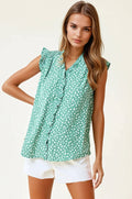 Green Smocked Print Frilled Top