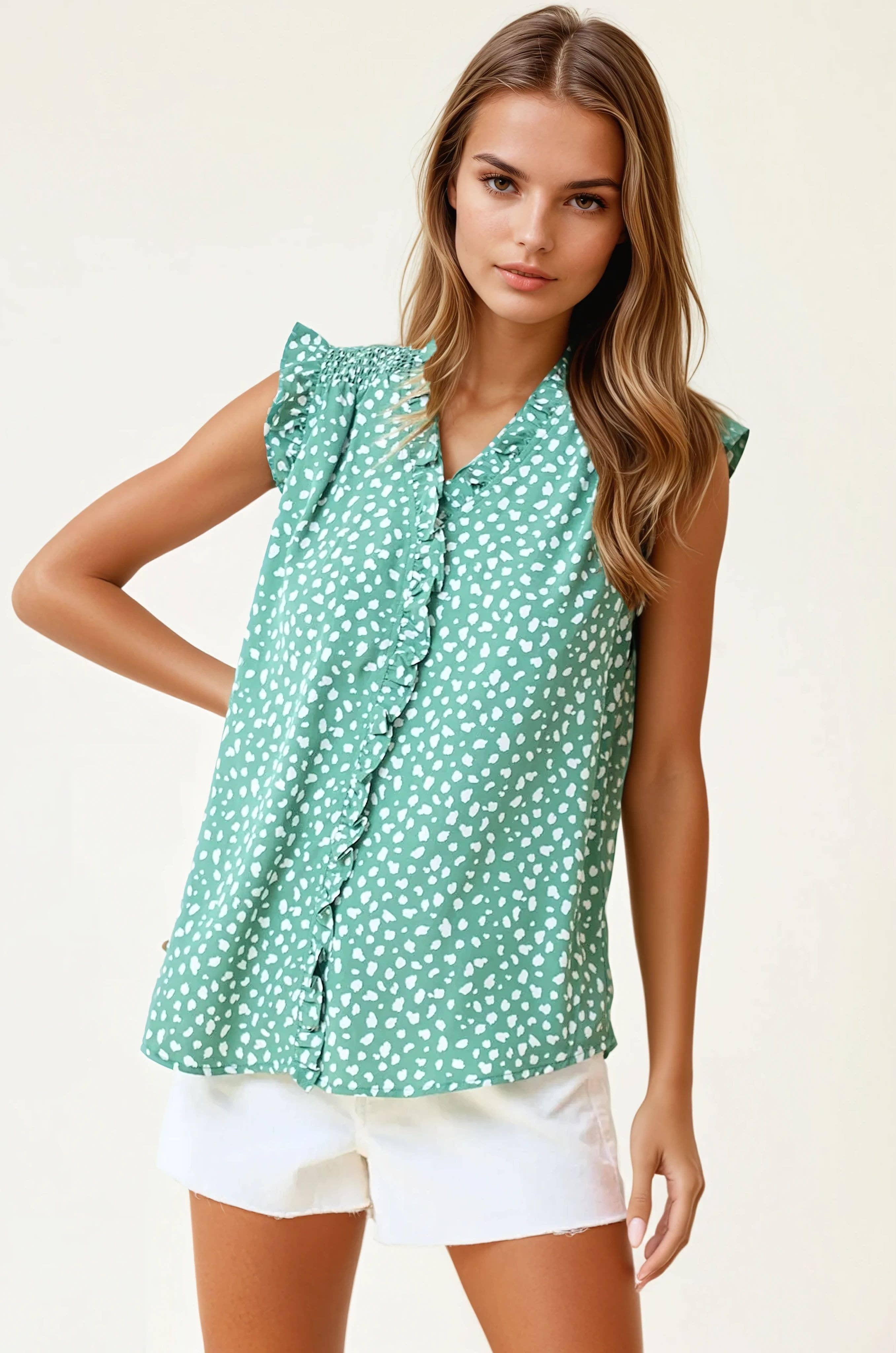 Green Smocked Print Frilled Top