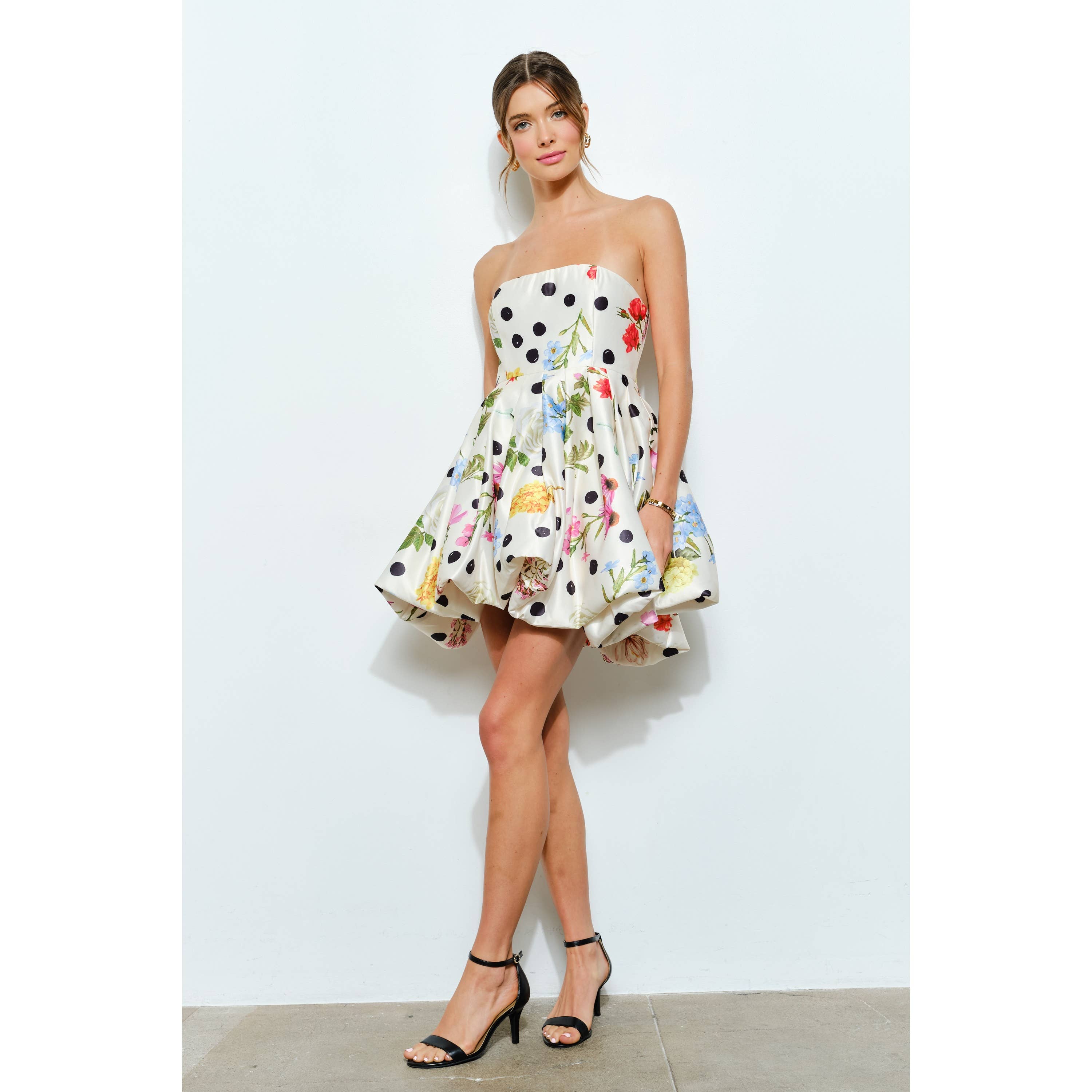 Bubble Hem Floral Dot Print Strapless Mini Dress