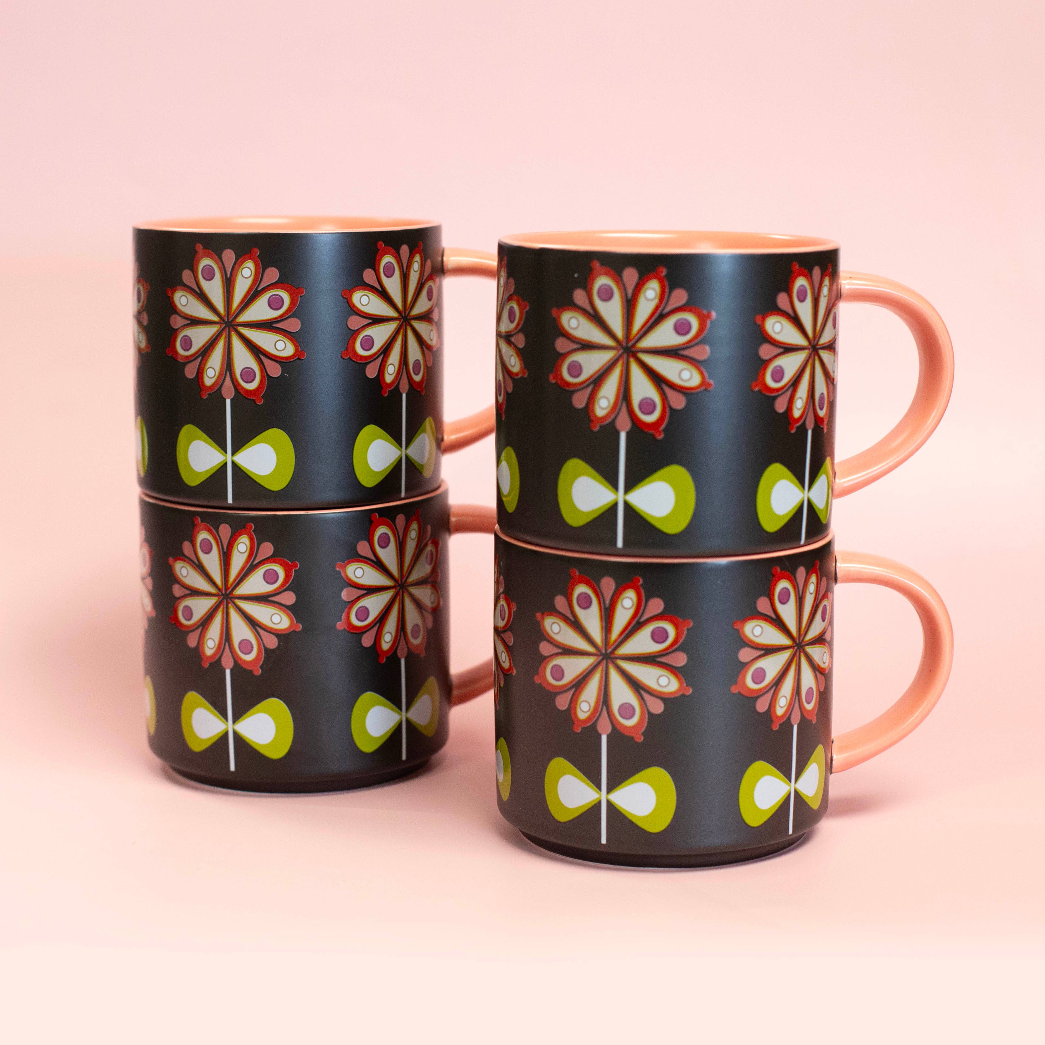 Casbah Bloom Pink Flower Mid Century Stackable Matte Coffee Mug