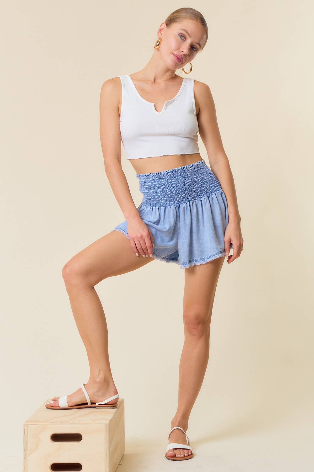 Tencel Denim Smocked Waist Wide Leg Short