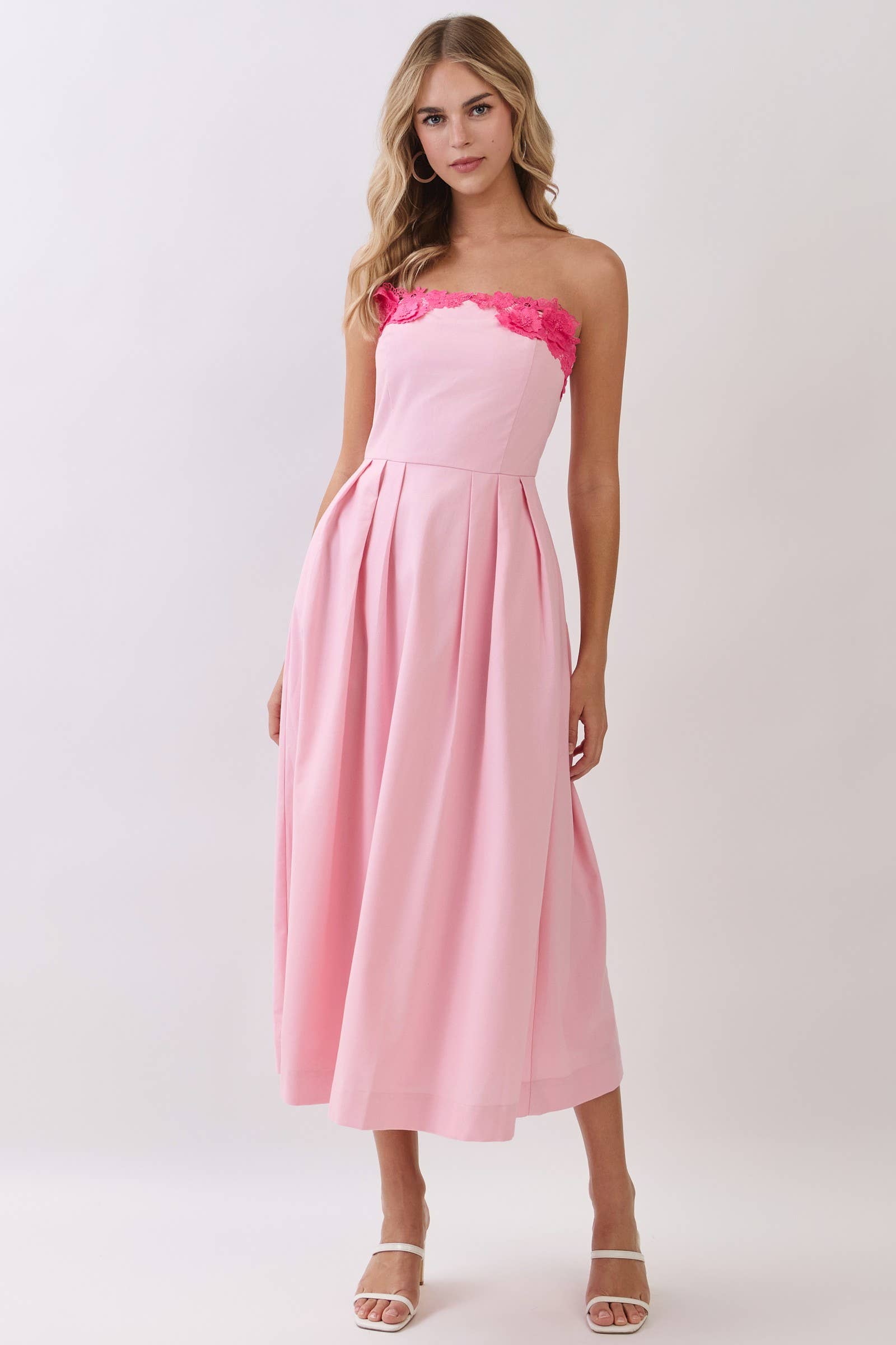 Pink Floral Applique Detail Strapless Midi Dress