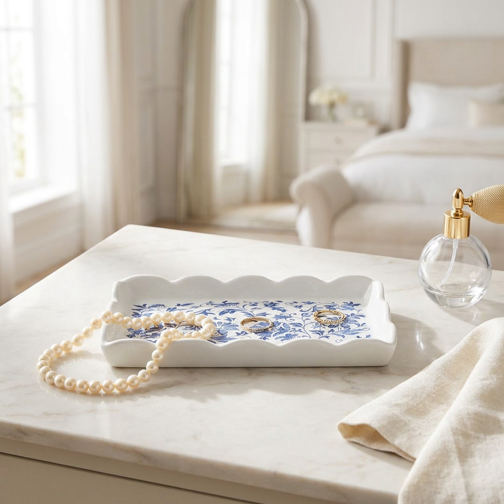 Ceramic Scalloped Blue Chinoiserie Trinket Tray