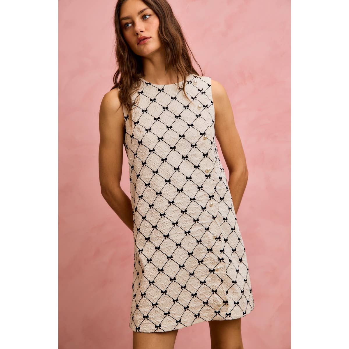 Ribbon Jacquard Pattern Dress with Scalloped Side