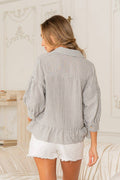 3/4 Sleeves Striped Shirt with Ruffle Hem