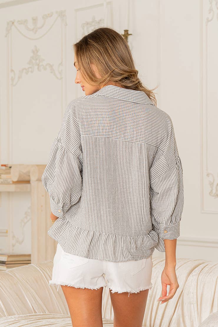 3/4 Sleeves Striped Shirt with Ruffle Hem