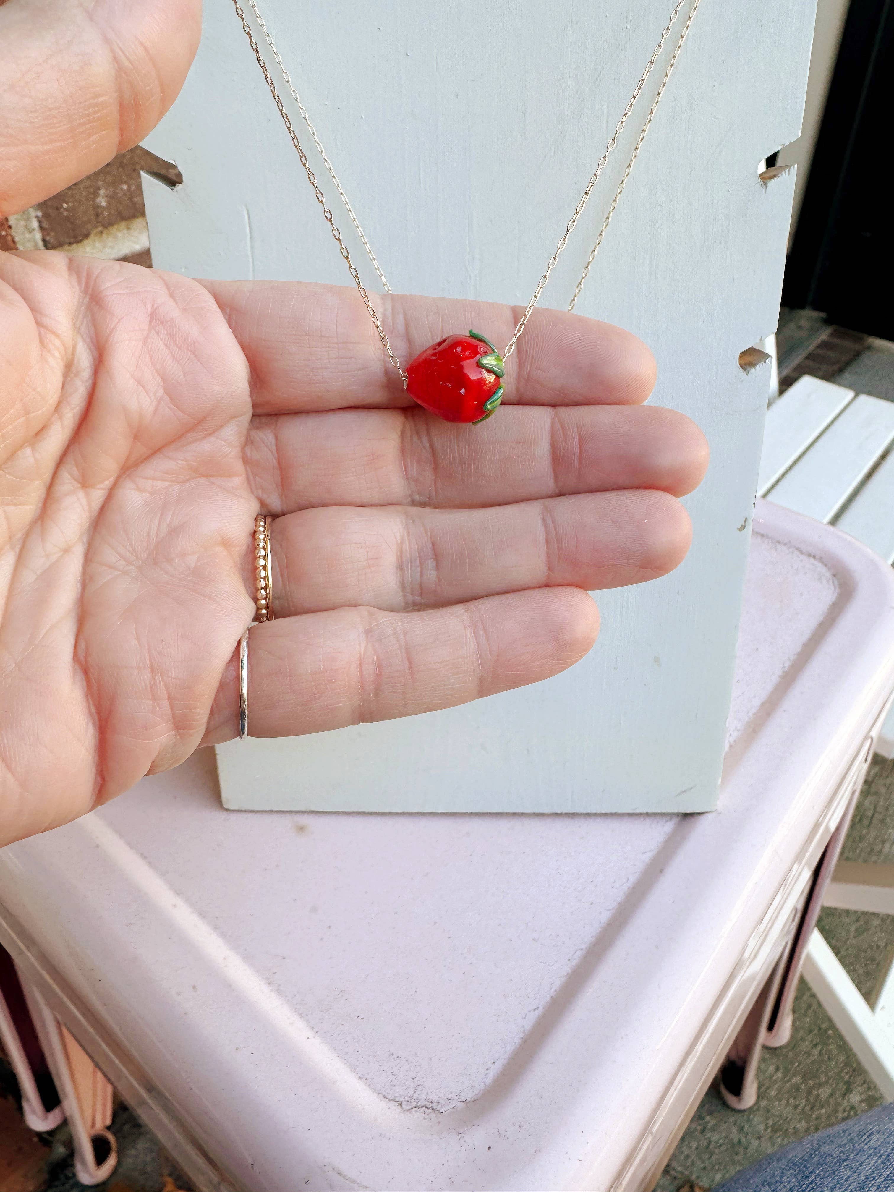 Red Lampwork Strawberry Glass Pendant Bead Necklace - Gold Filled Chain