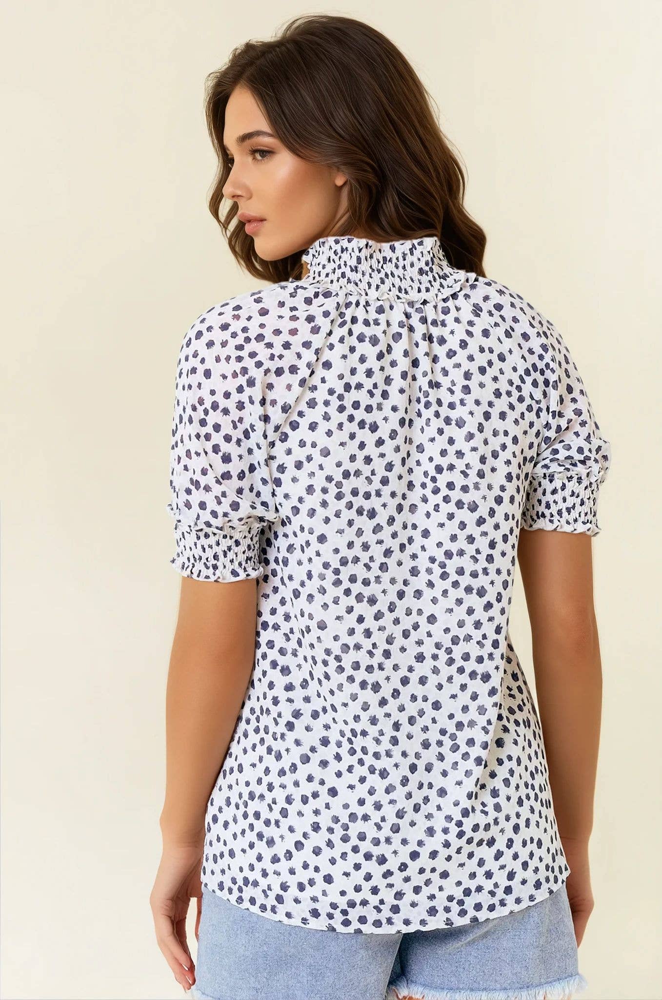 White & Black Jacquard Dot Print Short Sleeve Blouse