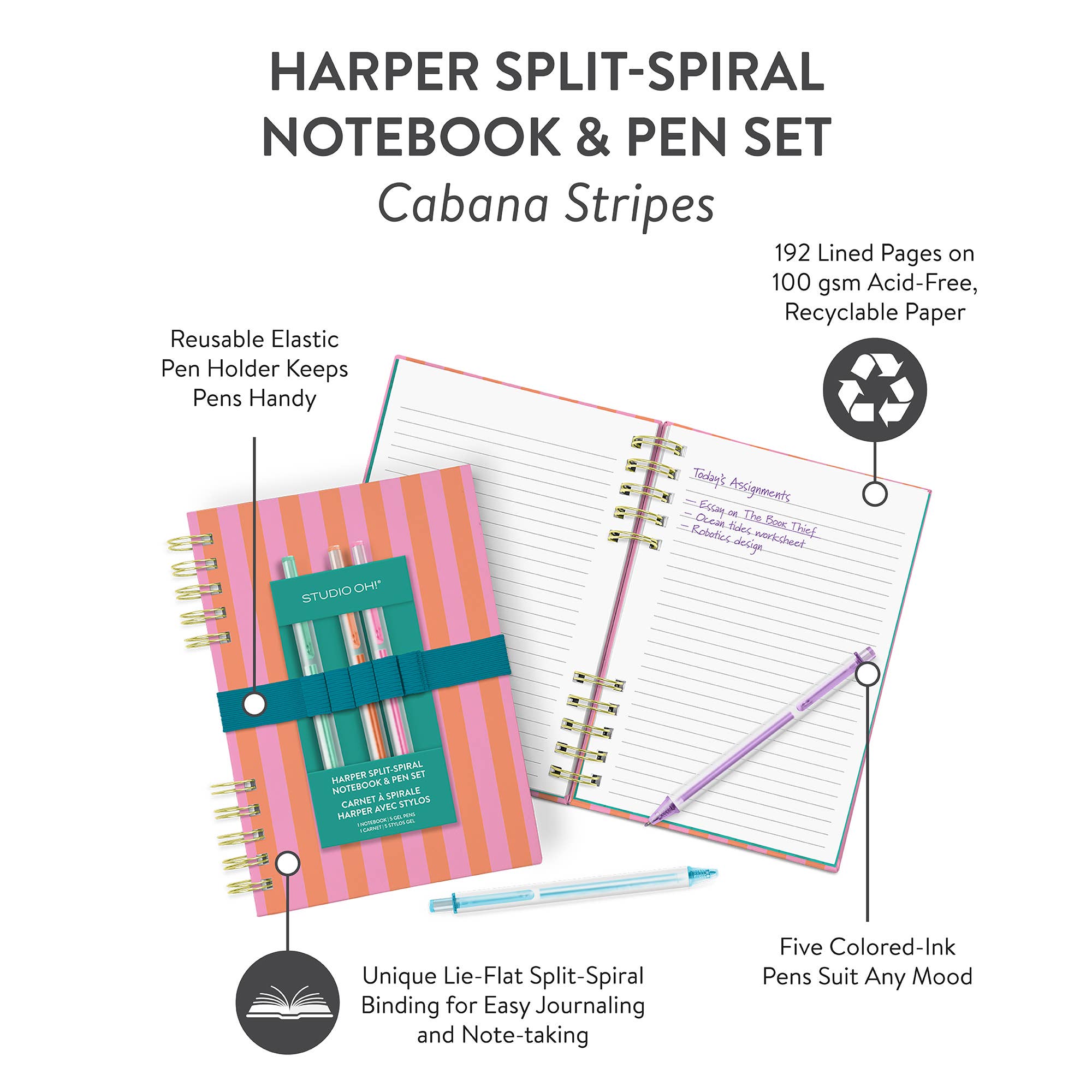 Cabana Stripes Harper Split-Spiral Notebook & Pen Set