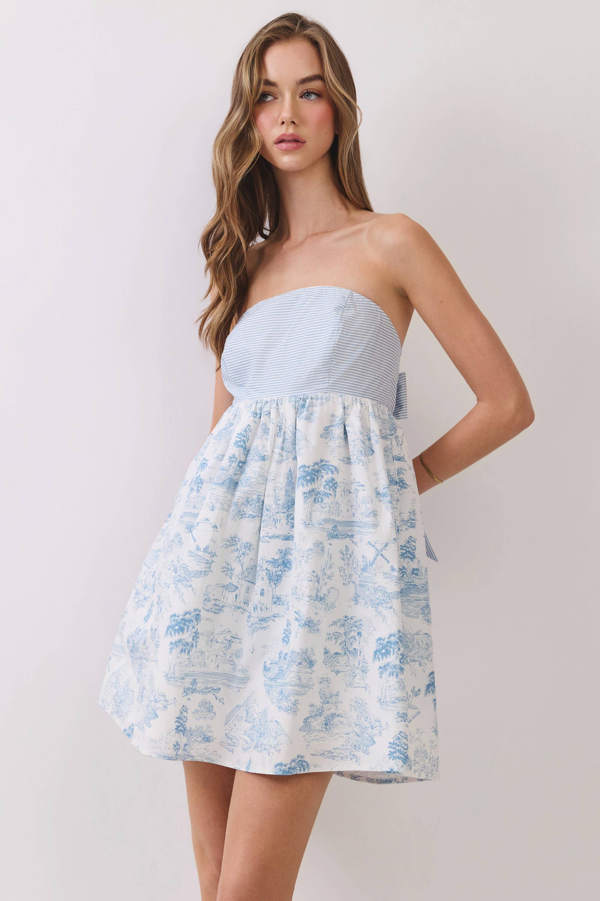 Toile Print Strapless Bow Back Mini Dress