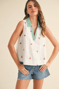 Cherry Embroidery Collared Tank