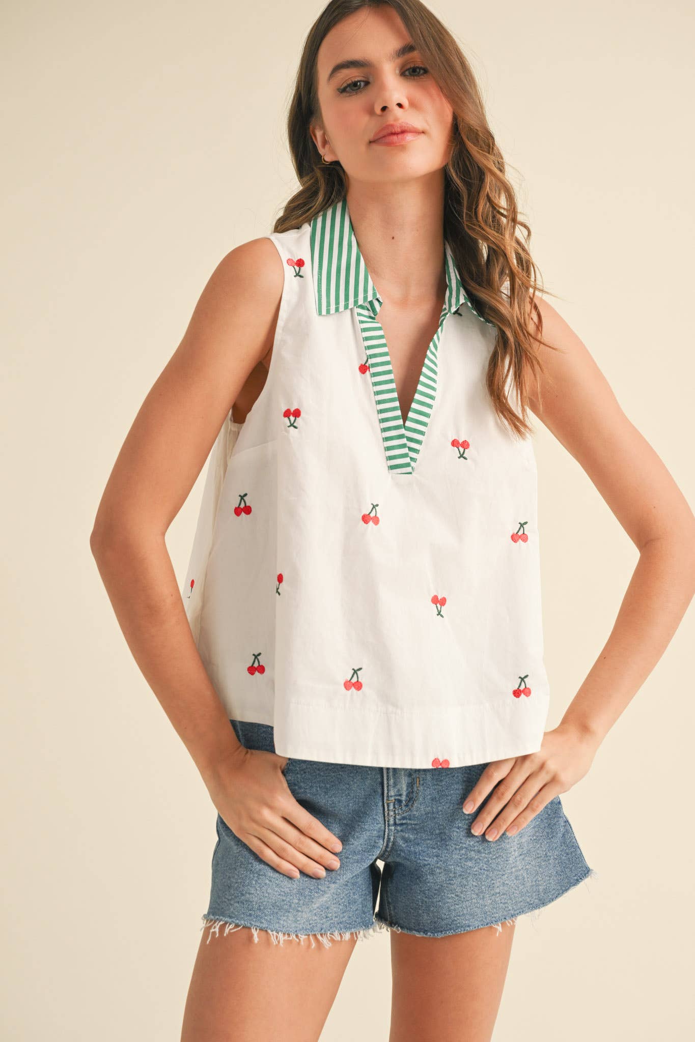 Cherry Embroidery Collared Tank