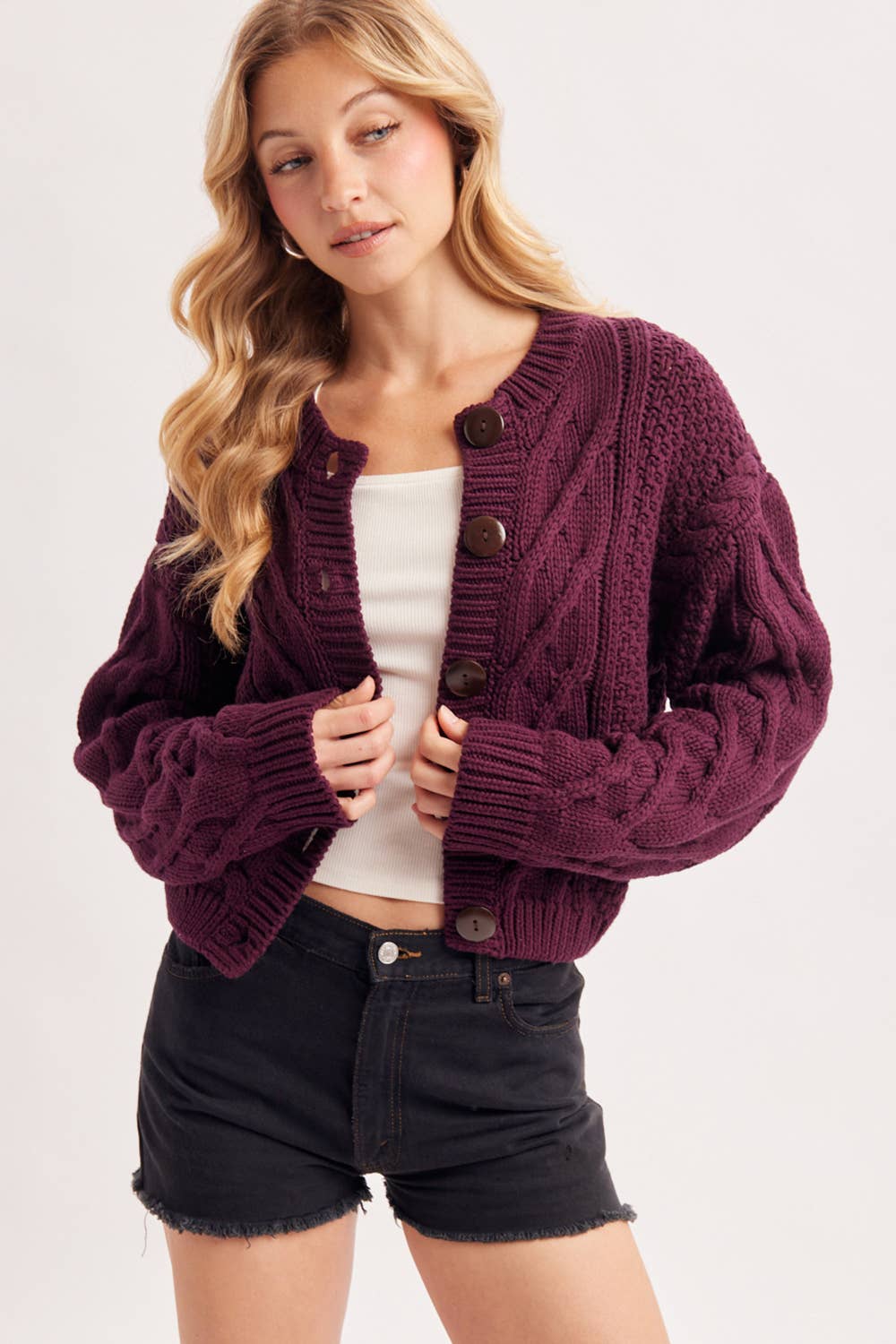 Cropped Button Front Cable Knit Cardigan