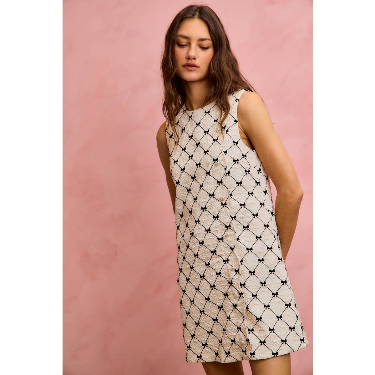 Ribbon Jacquard Pattern Dress with Scalloped Side