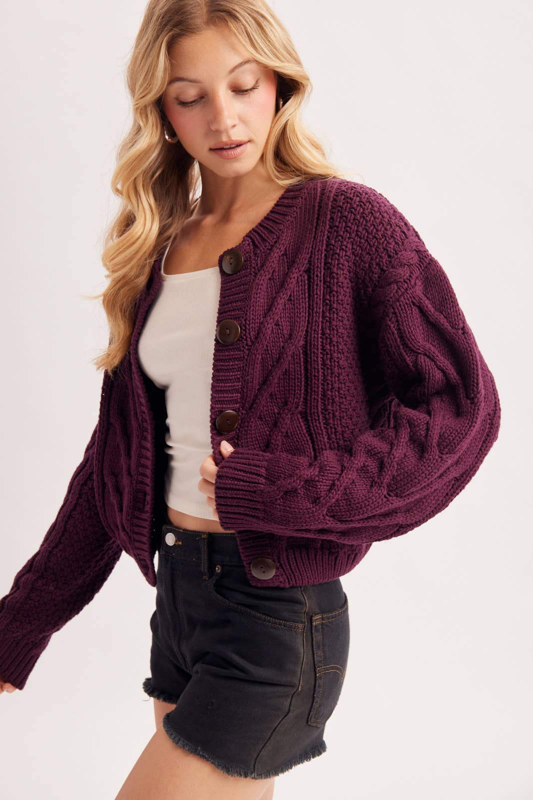 Cropped Button Front Cable Knit Cardigan