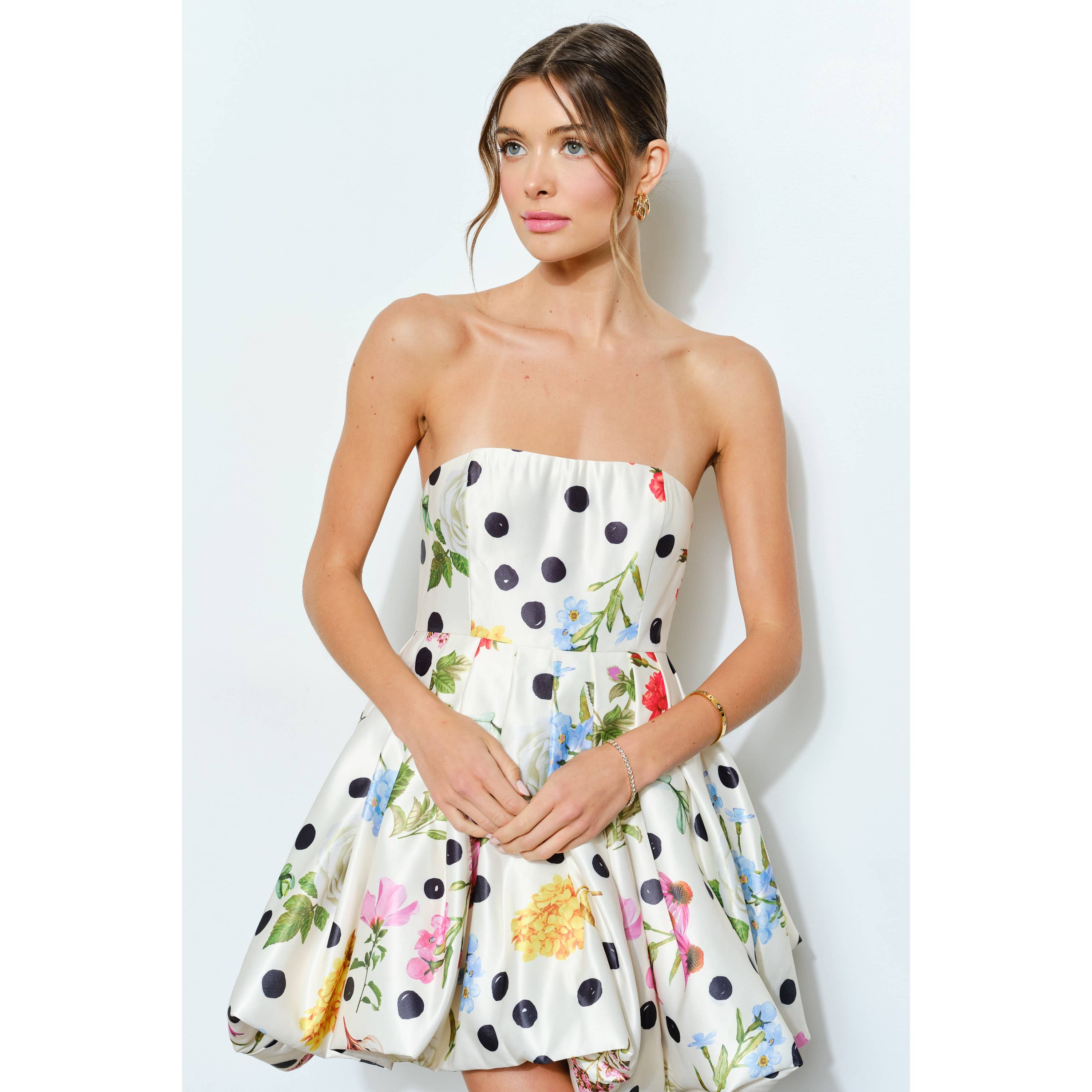 Bubble Hem Floral Dot Print Strapless Mini Dress