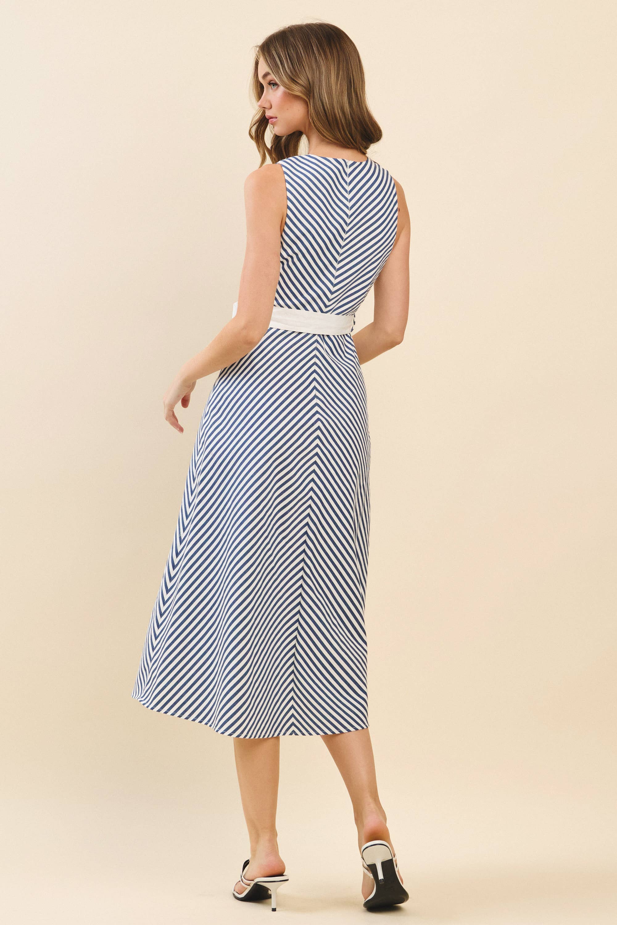 Chevron Pattern Striped Contrast Sash Midi Dress