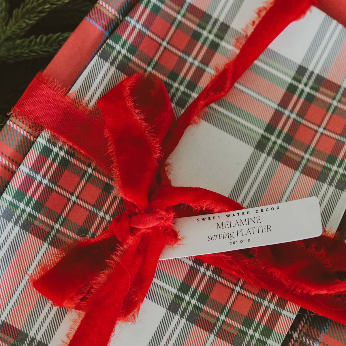 Red and White Plaid Stacking Melamine Tray - Set of 2